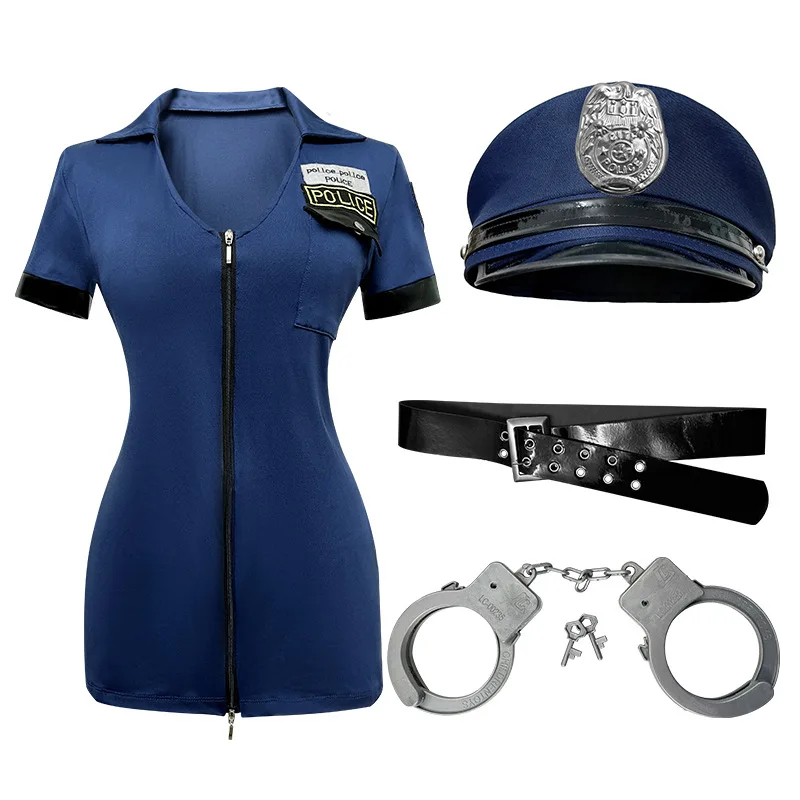 DISFRAZ DE POLICÍA AZUL SEXY + GORRO + ESPOSAS + CINTURON + VARA MUJER AZUL CON CIERRE TRAJE ZIPPER COSPLAY HALLOWEEN GENIEKA - 3