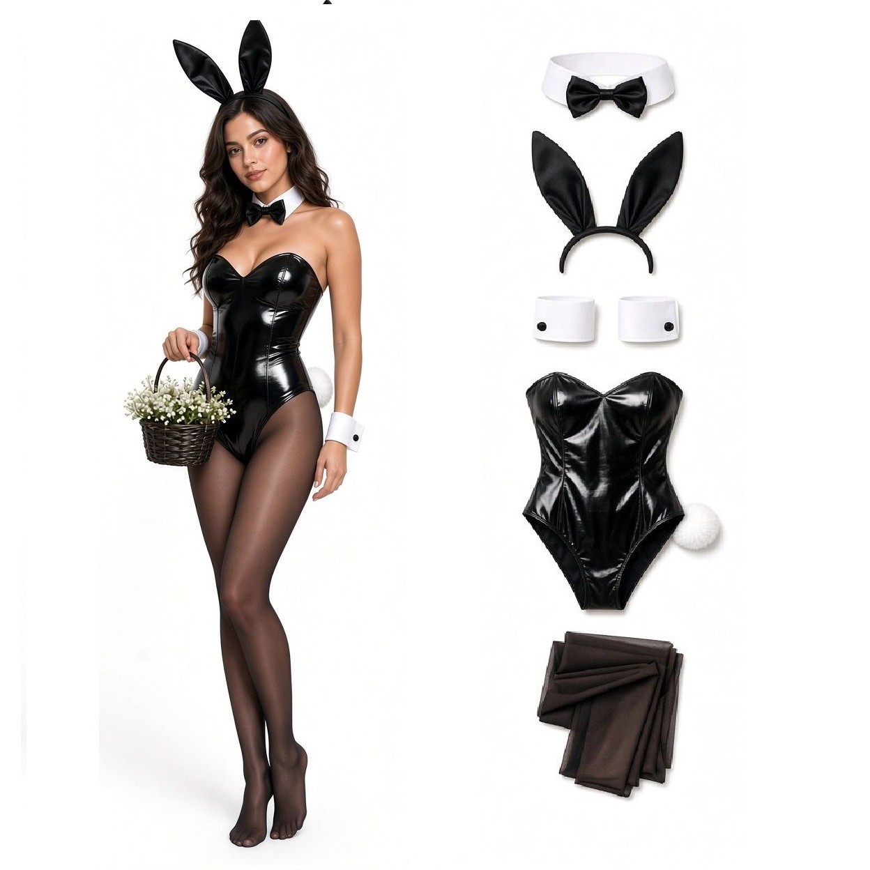 DISFRAZ MAI CORSET CONEJITA NEGRO SAKURAJIMA + OREJAS + CUELLO LAZO + MUÑEQUERAS + MEDIAS SEXY BODY HALLOWEEN NAVIDAD GENIEKA - 3