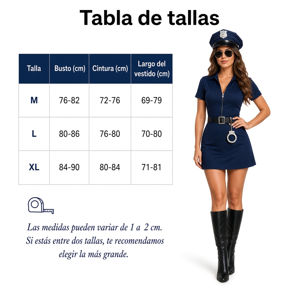 DISFRAZ SEXY DE POLICÍA AZUL + GORRO + ESPOSAS + CINTURON + VARA MUJER AZUL CON CIERRE TRAJE ZIPPER TEMÁTICA HALLOWEEN GENIEKA - 10