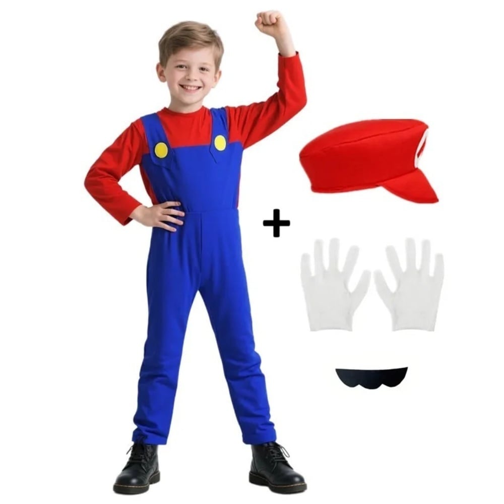 DISFRAZ MARIO BROS + GORRA + GUANTES + BIGOTE NIÑO NIÑA MONO ANIME JUEGO ROL GAME COSPLAY REGALO NAVIDAD HALLOWEEN GENIEKA - 1