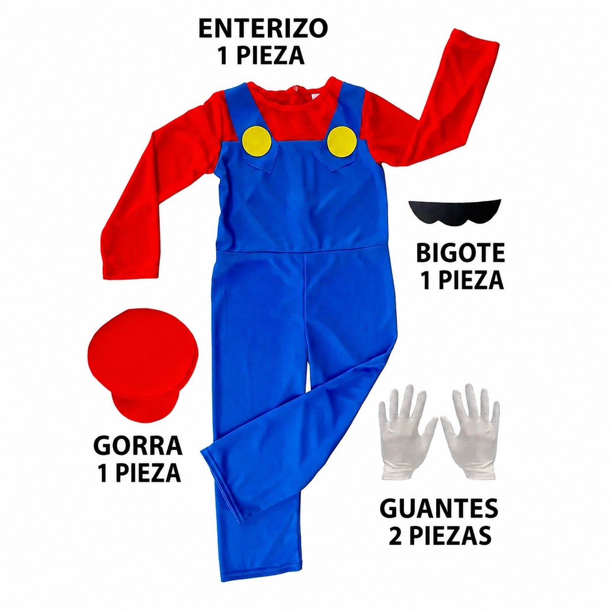 DISFRAZ MARIO BROS + GORRA + GUANTES + BIGOTE NIÑO NIÑA MONO ANIME JUEGO ROL GAME COSPLAY REGALO NAVIDAD HALLOWEEN GENIEKA - 2