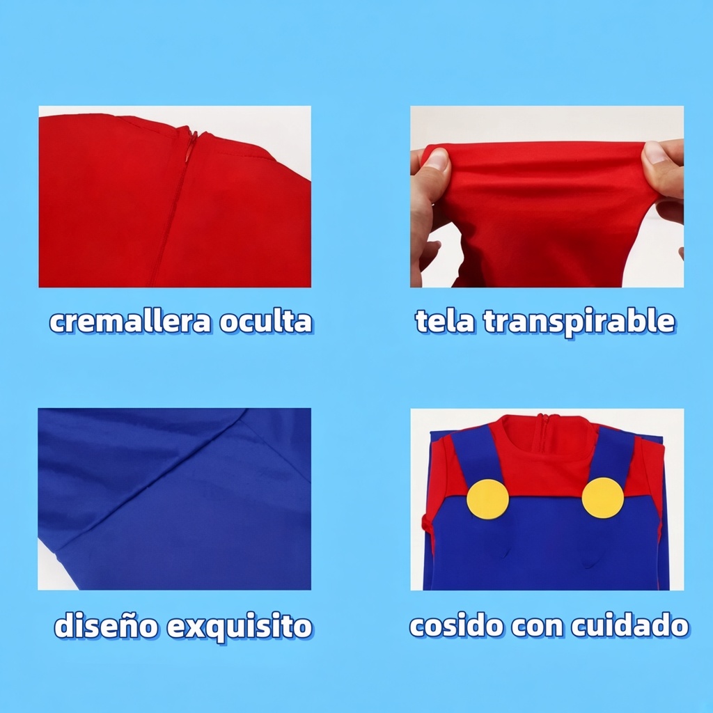 DISFRAZ MARIO BROS + GORRA + GUANTES + BIGOTE NIÑO NIÑA MONO ANIME JUEGO ROL GAME COSPLAY REGALO NAVIDAD HALLOWEEN GENIEKA - 9