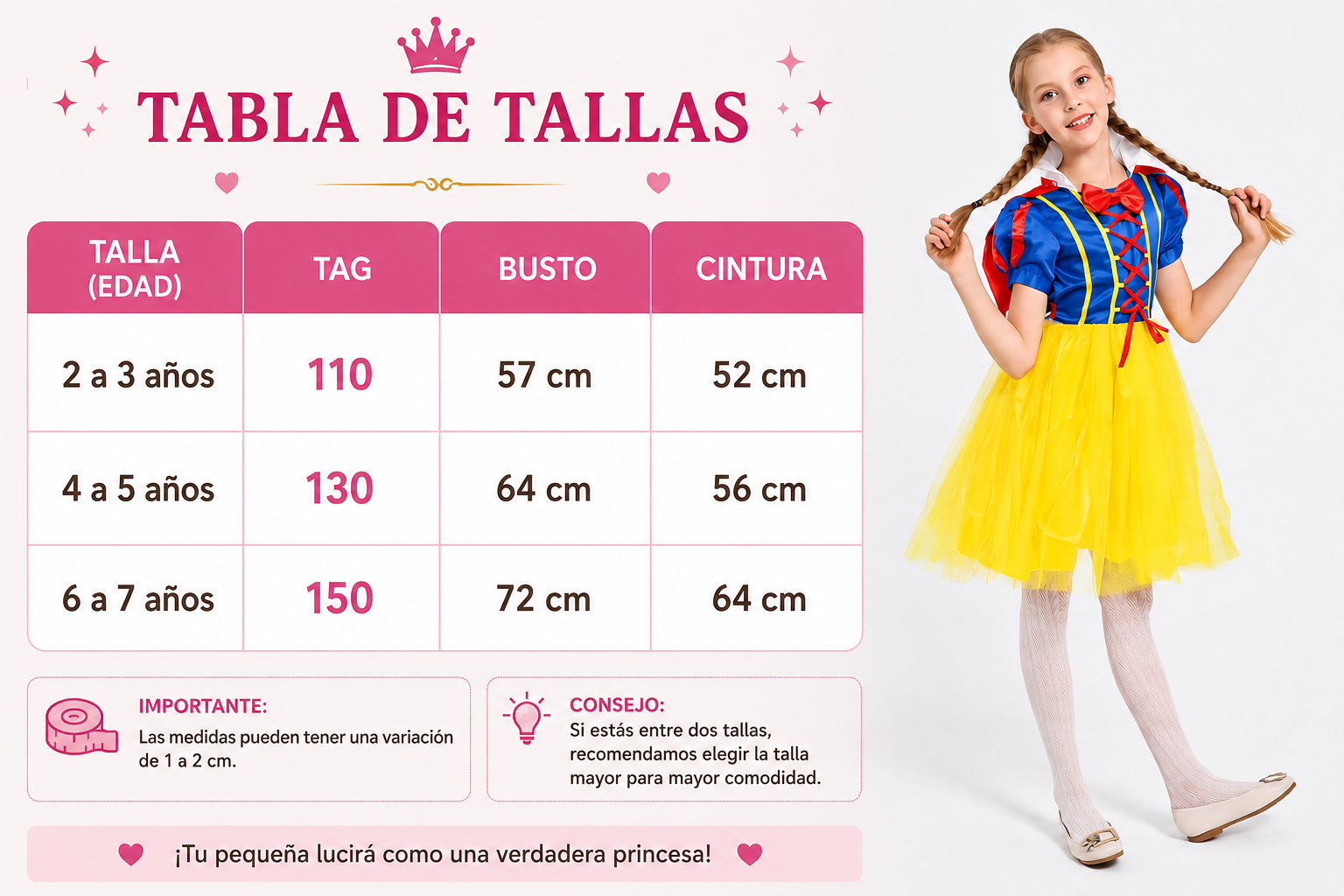 VESTIDO DISFRAZ BLANCANIEVES NIÑA + VINCHA LAZO ROJO + CORONA + VARITA + ARETES + COLLAR DORADO + GUANTES + CAPA NAVIDAD GENIEKA - 10