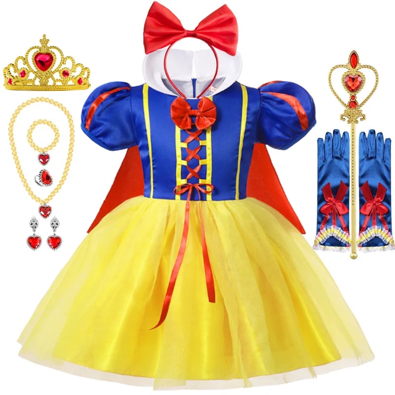 VESTIDO DISFRAZ BLANCANIEVES NIÑA + VINCHA LAZO ROJO + CORONA + VARITA + ARETES + COLLAR DORADO + GUANTES + CAPA NAVIDAD GENIEKA - 3