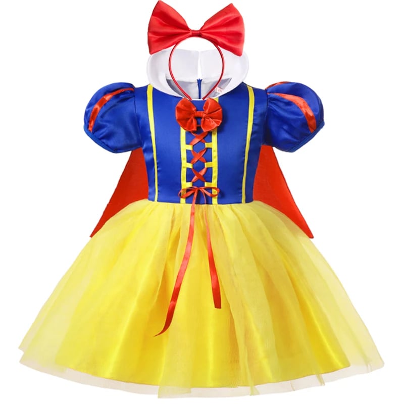 VESTIDO DISFRAZ BLANCANIEVES NIÑA + VINCHA LAZO ROJO + CORONA + VARITA + ARETES + COLLAR DORADO + GUANTES + CAPA NAVIDAD GENIEKA - 5