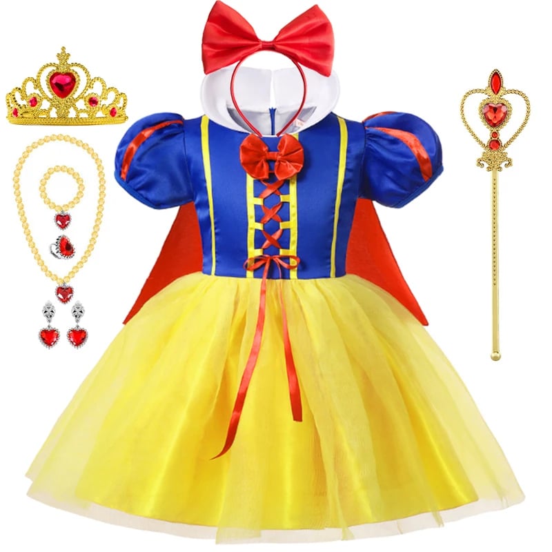 VESTIDO DISFRAZ BLANCANIEVES NIÑA + VINCHA LAZO ROJO + CORONA + VARITA + ARETES + COLLAR DORADO + GUANTES + CAPA NAVIDAD GENIEKA - 6