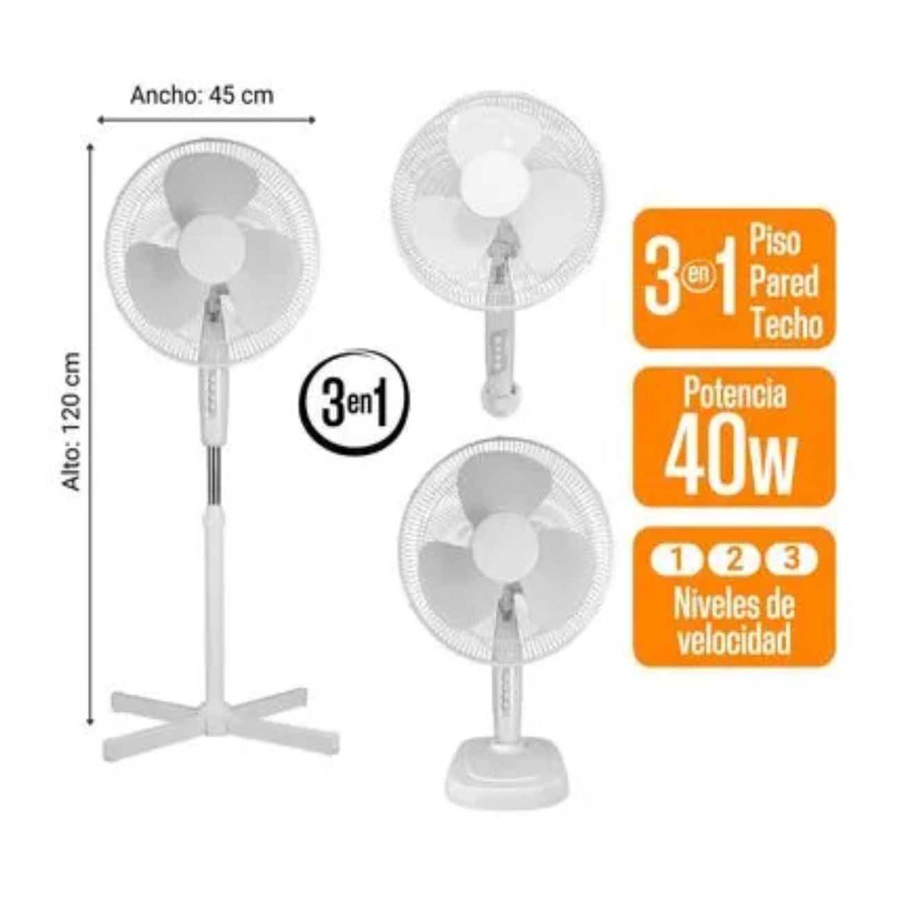 VENTILADOR ORANGE DE PIE 3 EN 1 FS40-24 BLANCO 3 VELOCIDADES - 1