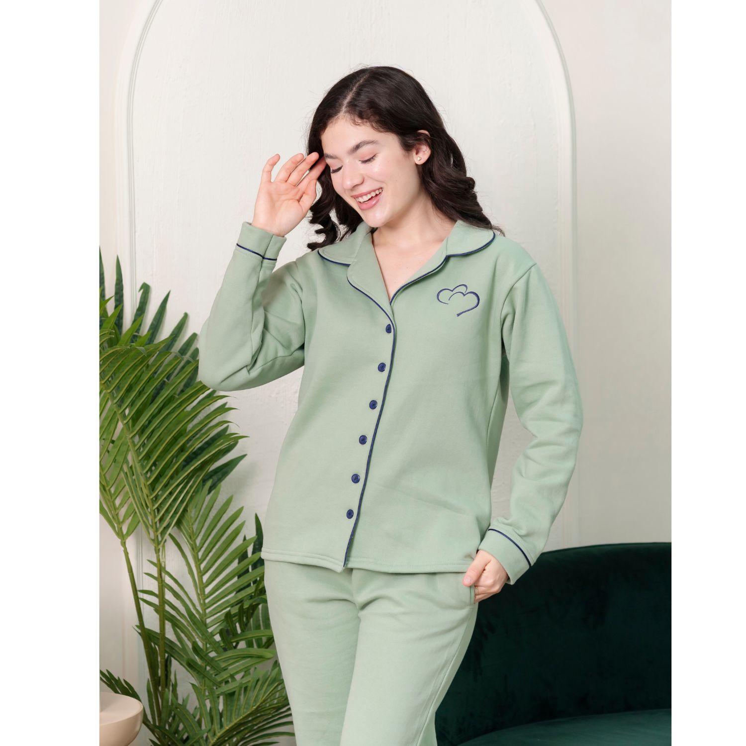 PIJAMA MUJER CAMISERO ALGODÓN FRANELA BUZO VERDE - 1