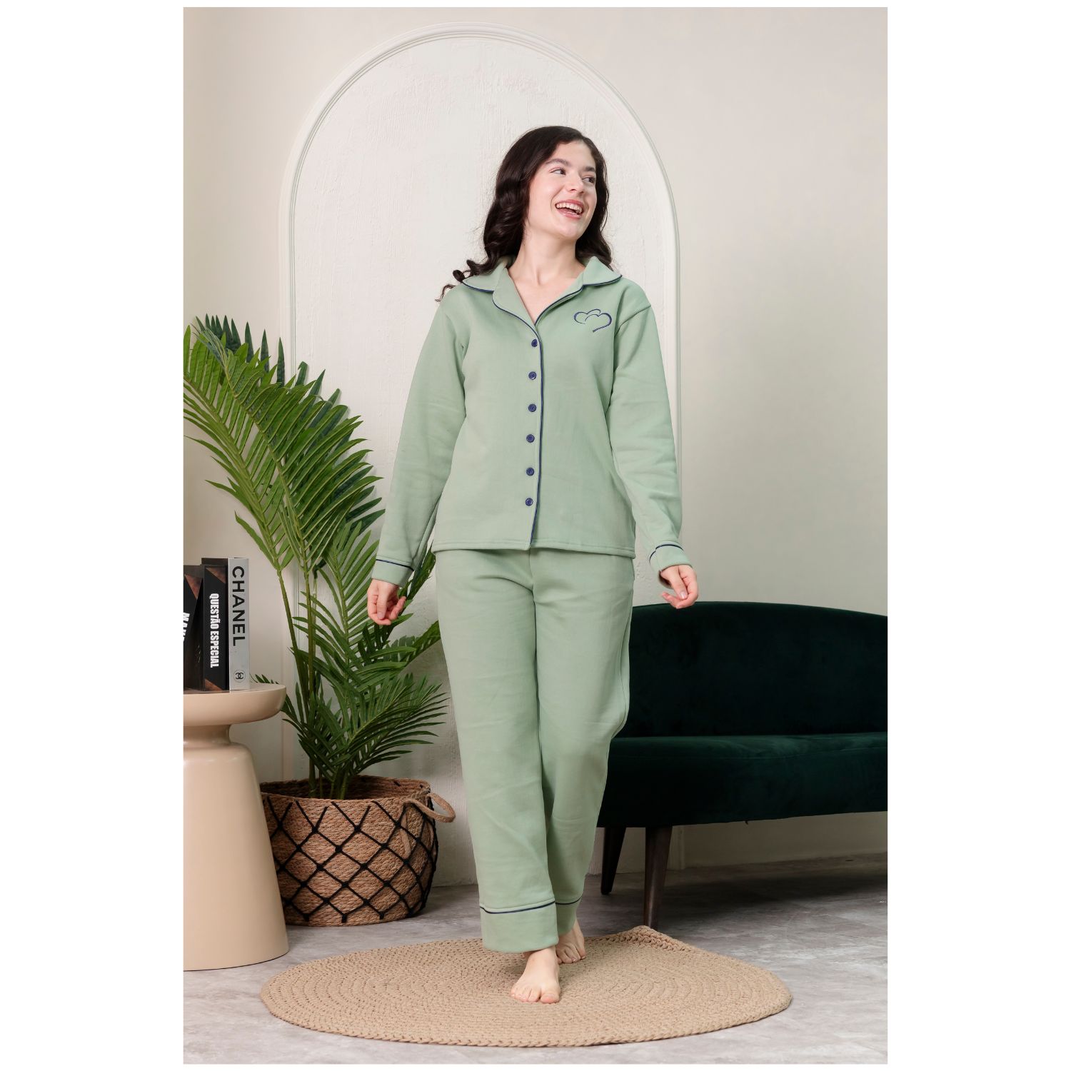 PIJAMA MUJER CAMISERO ALGODÓN FRANELA BUZO VERDE - 2