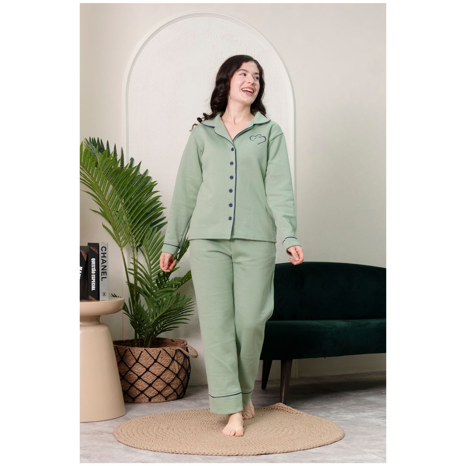 PIJAMA MUJER CAMISERO ALGODÓN FRANELA BUZO VERDE - 2