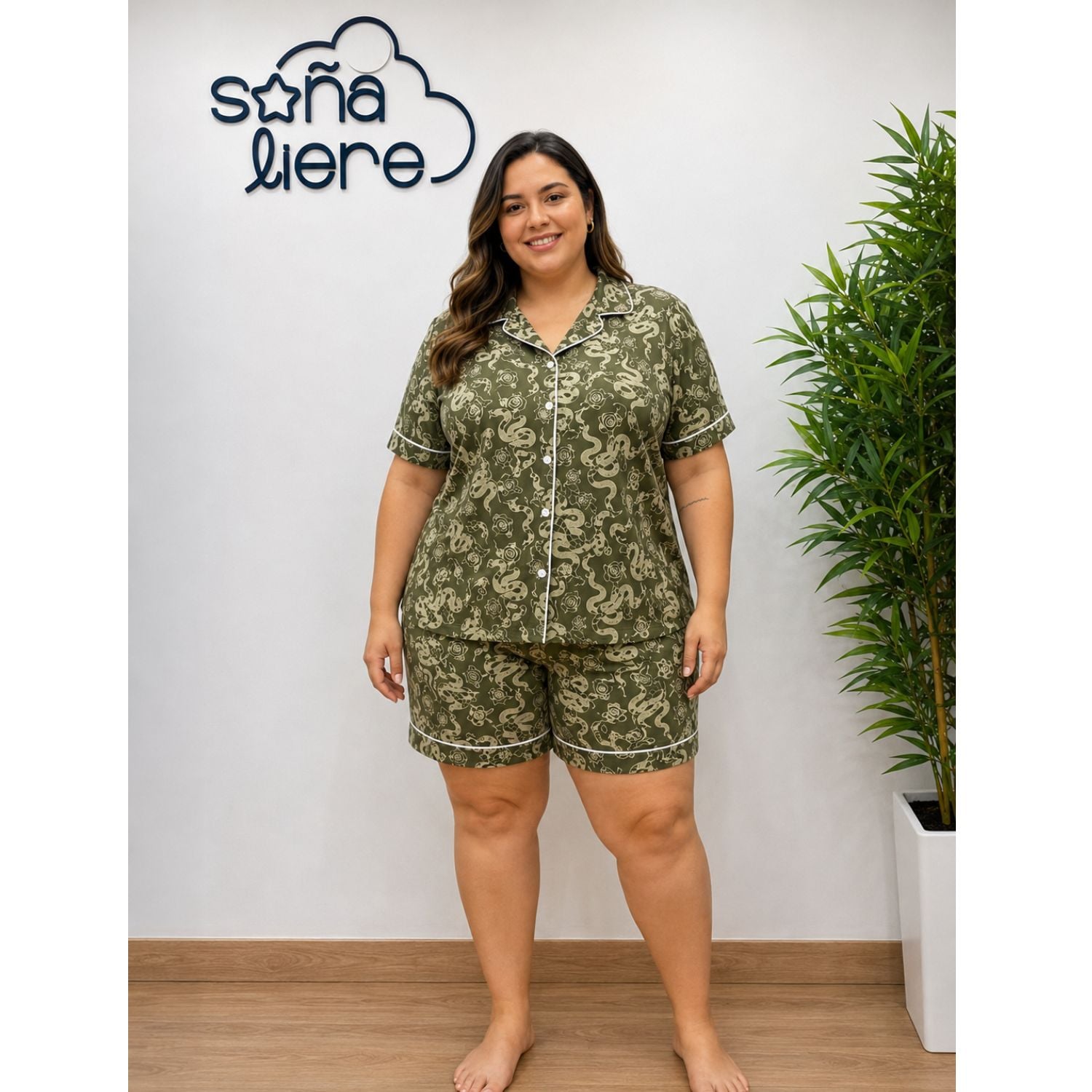 PIJAMA DAMA SHORT SEDA FRANCESA ESTAMPADA VERDE XL - 1