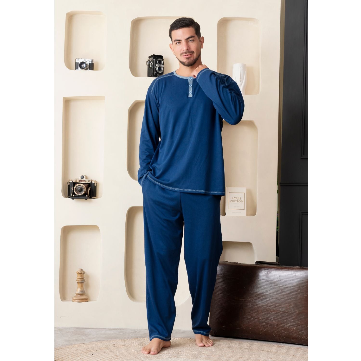 PIJAMA DE HOMBRE MANGA LARGA PANTALÓN COLOR ENTERO  ALGODÓN PIMA - 1