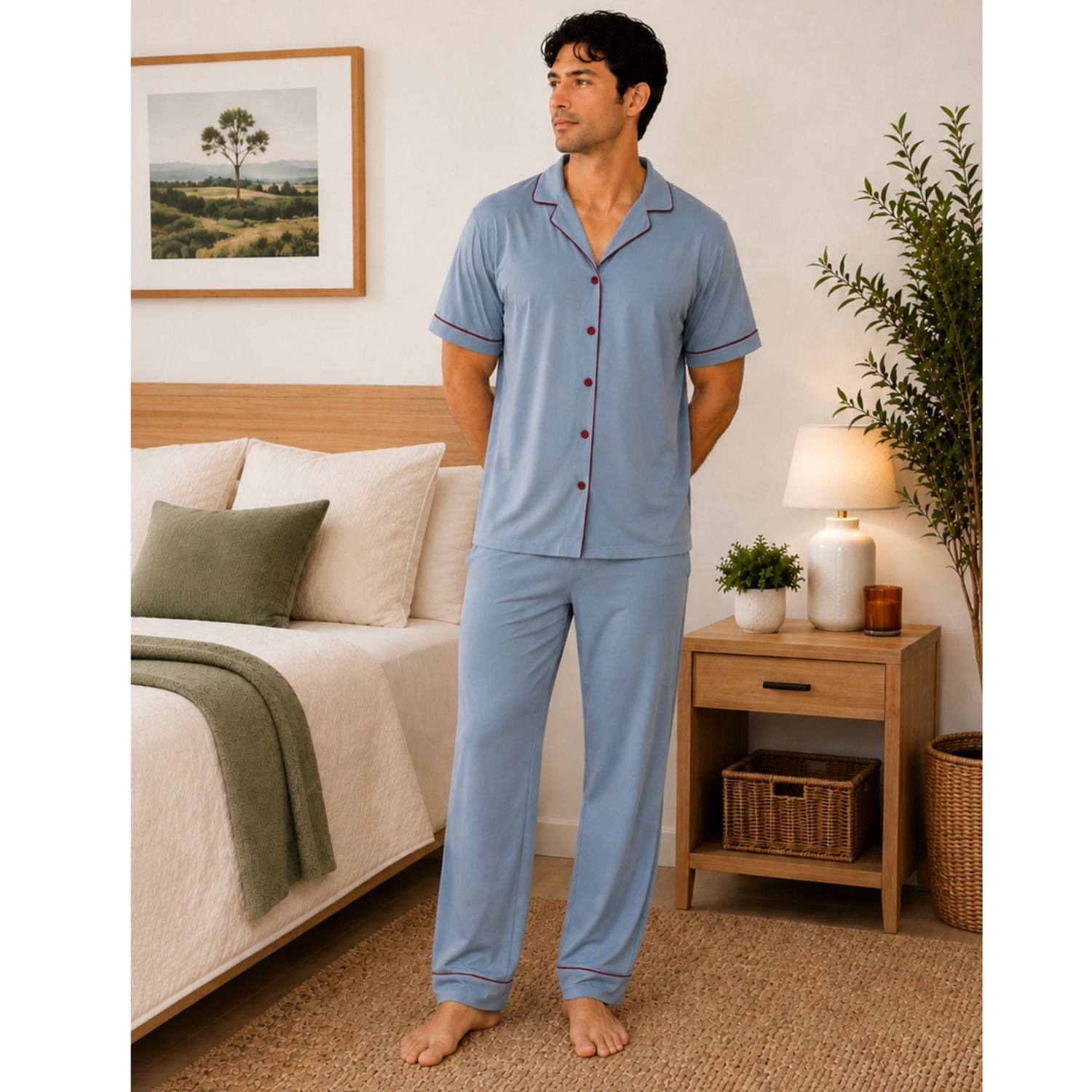 PIJAMA DE HOMBRE MANGA CORTA PANTALÓN COLOR ENTERO ALGODÓN PIMA - 1