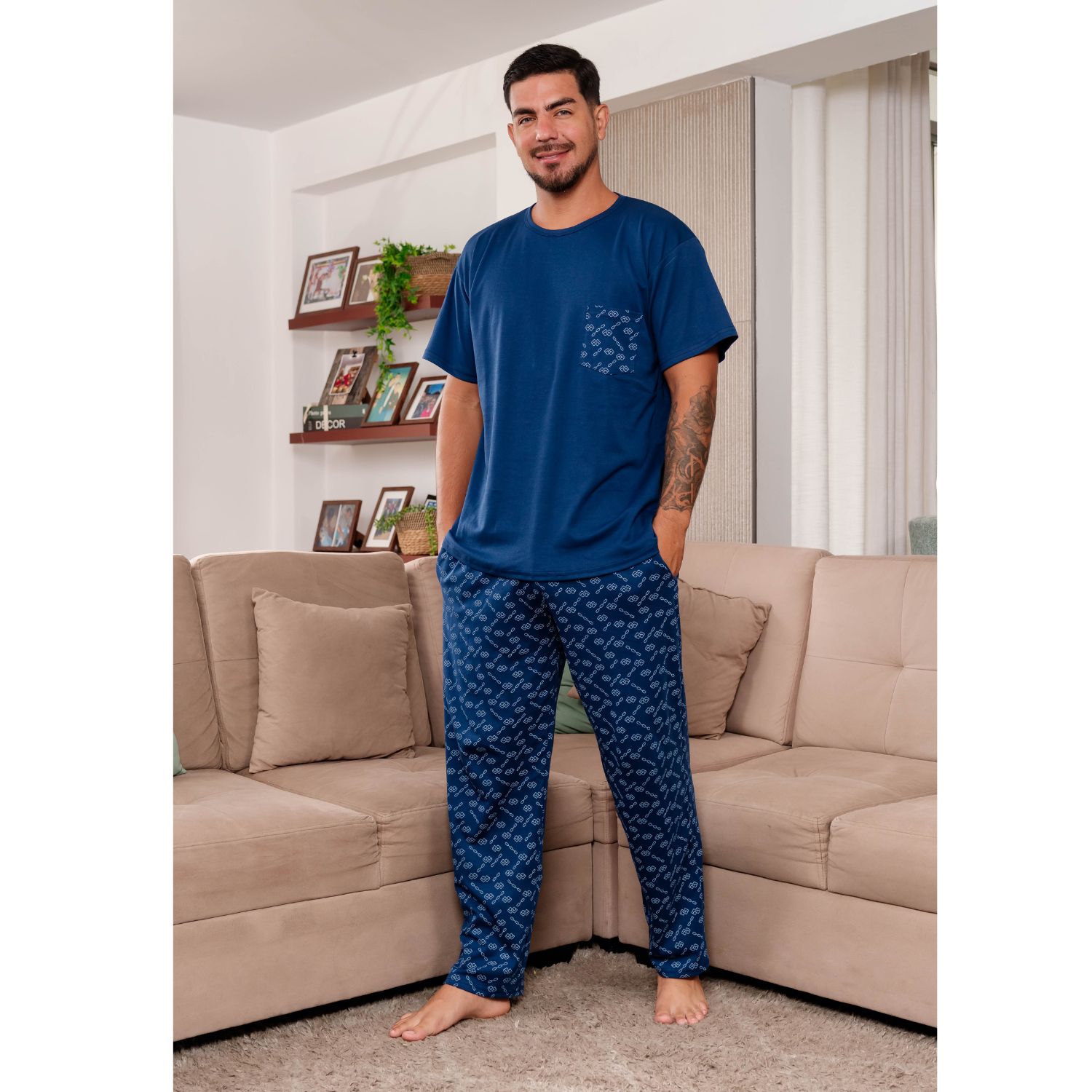PIJAMA DE HOMBRE MANGA CORTA PANTALÓN ESTAMPADO ALGODÓN PIMA - 1