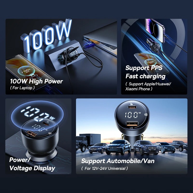 CARGADOR DE AUTO CARGA RÁPIDA 100 W QC DUAL USB TIPO C - 7