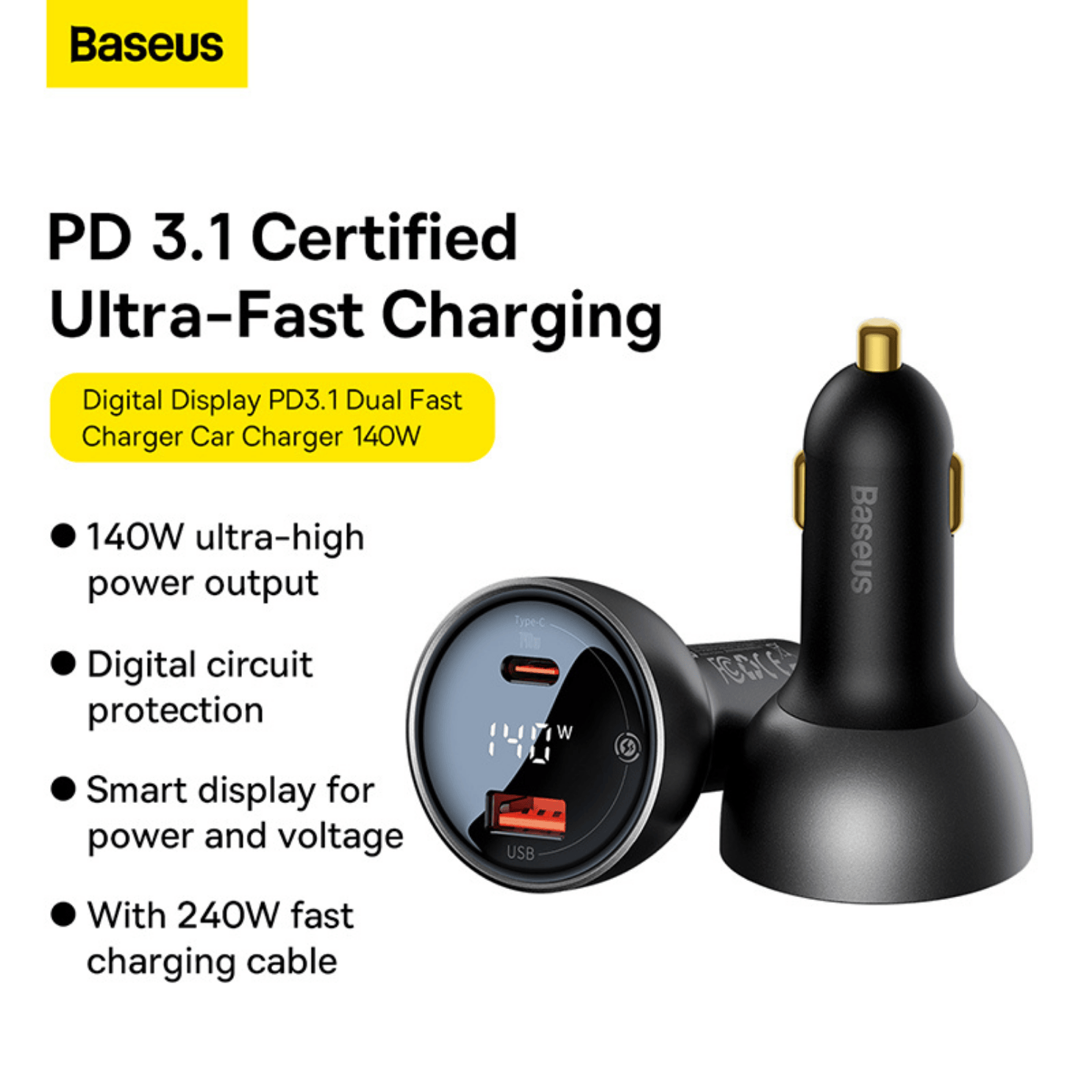 CARGADOR DE AUTO CARGA RÁPIDA 140 W PD 3.1 + CABLE 1 M - 2