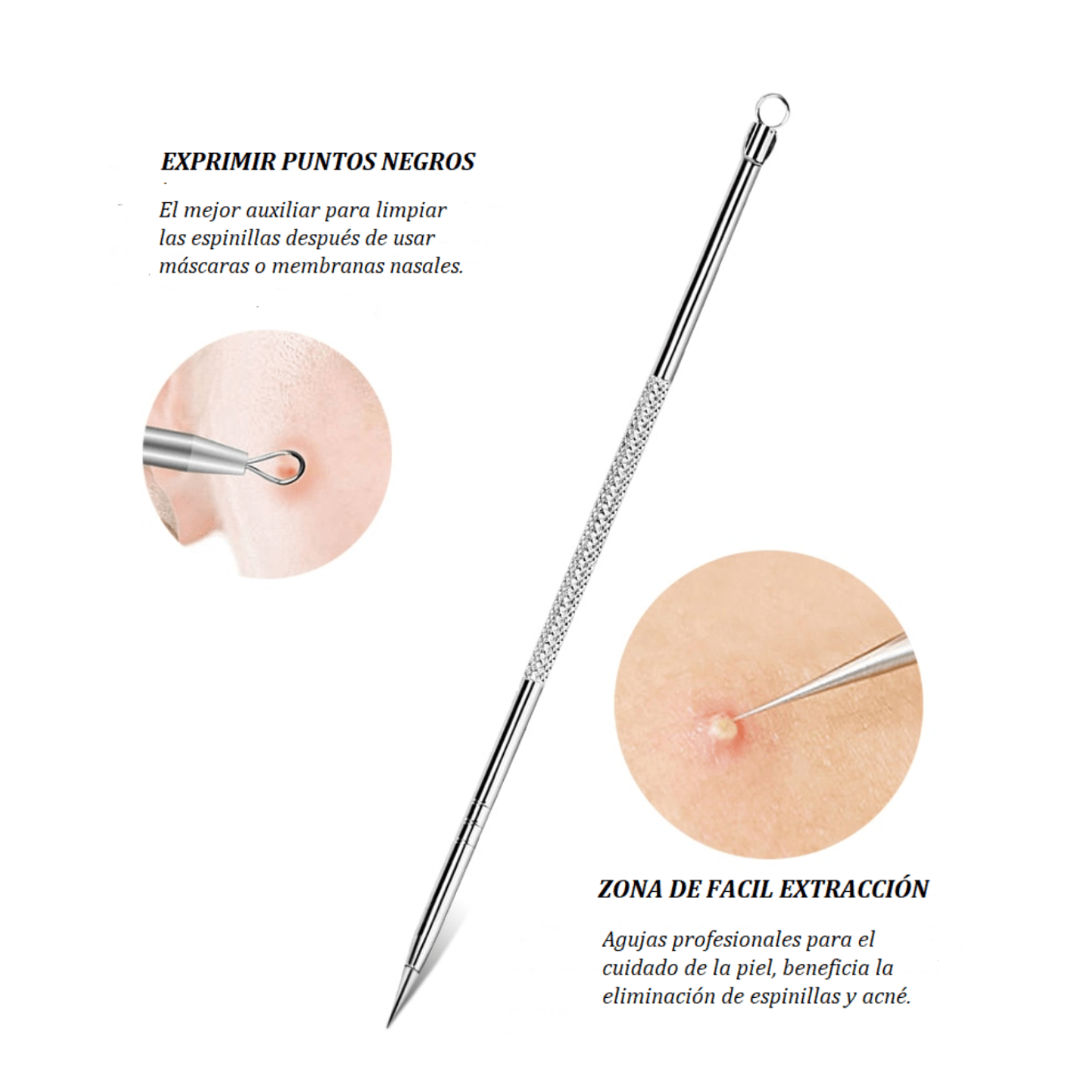 EXTRACTOR PUNTOS NEGROS REMOVEDOR ESPINILLAS ACNE SACA COMEDONES ACERO INOXIDABLE SET 5 PIEZAS - 7