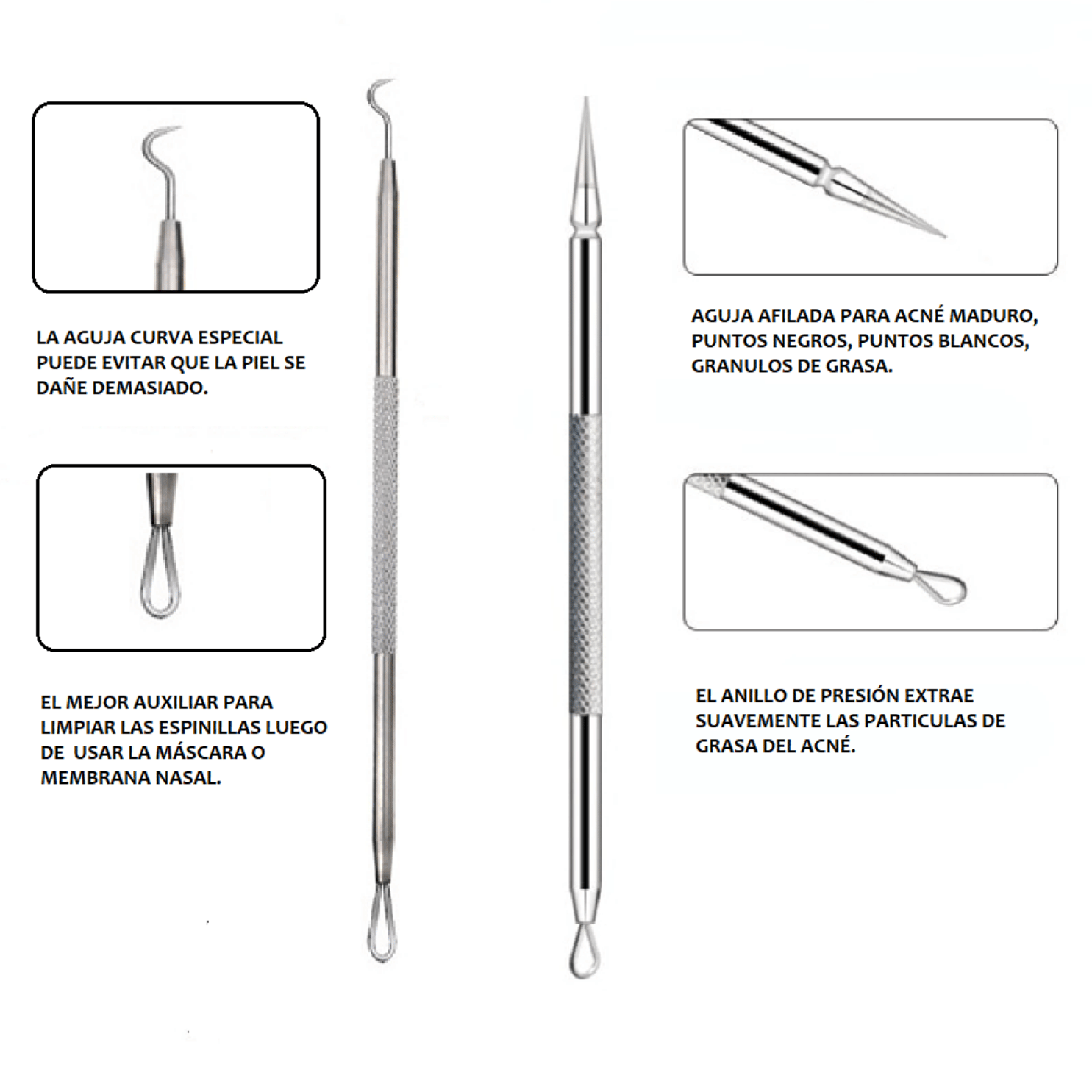 EXTRACTOR REMOVEDOR PUNTOS NEGROS ACNE SACA COMEDONES SM ACERO INOXIDABLE SET 9 PCS. - 6