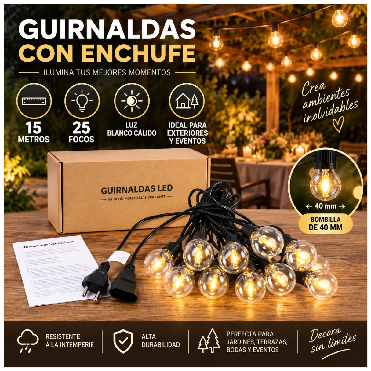 GUIRNALDA LUCES VINTAGE COLGANTE 25 FOCOS 15 METROS LED JARDIN EVENTOS DECORACIONES - 1