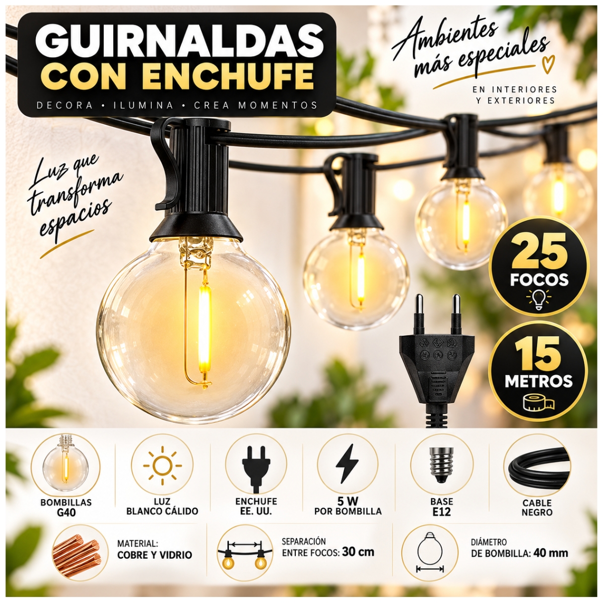 GUIRNALDA LUCES VINTAGE COLGANTE 25 FOCOS 15 METROS LED JARDIN EVENTOS DECORACIONES - 2