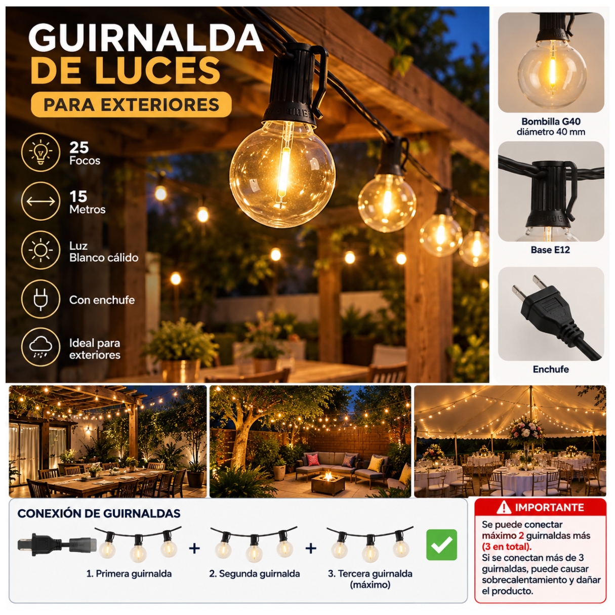 GUIRNALDA LUCES VINTAGE COLGANTE 25 FOCOS 15 METROS LED JARDIN EVENTOS DECORACIONES - 3