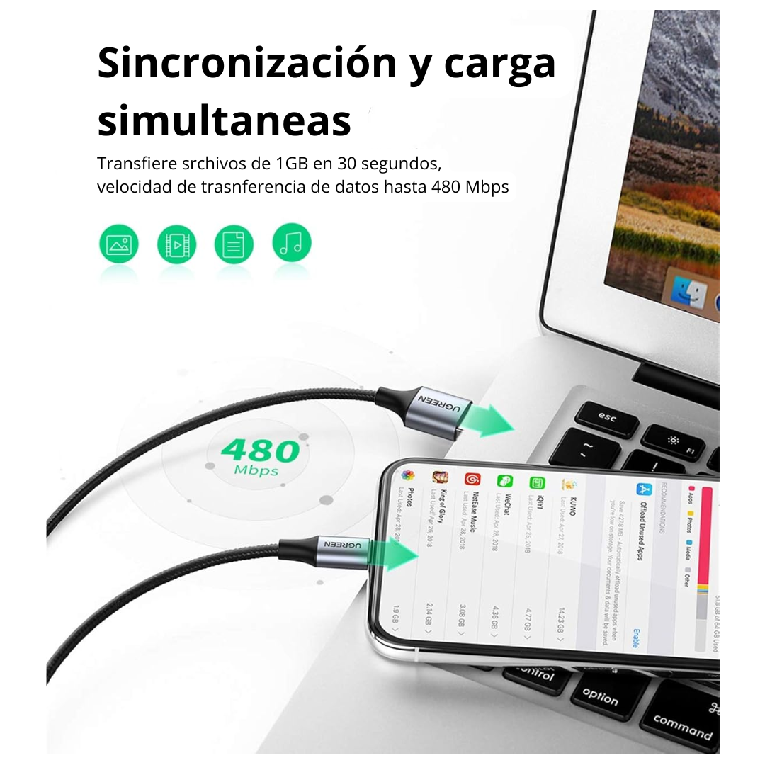CABLE USB A LIGHTNING UGREEN 1 METRO 2A CARGA RÁPIDA COMPATIBLE IPAD - 6