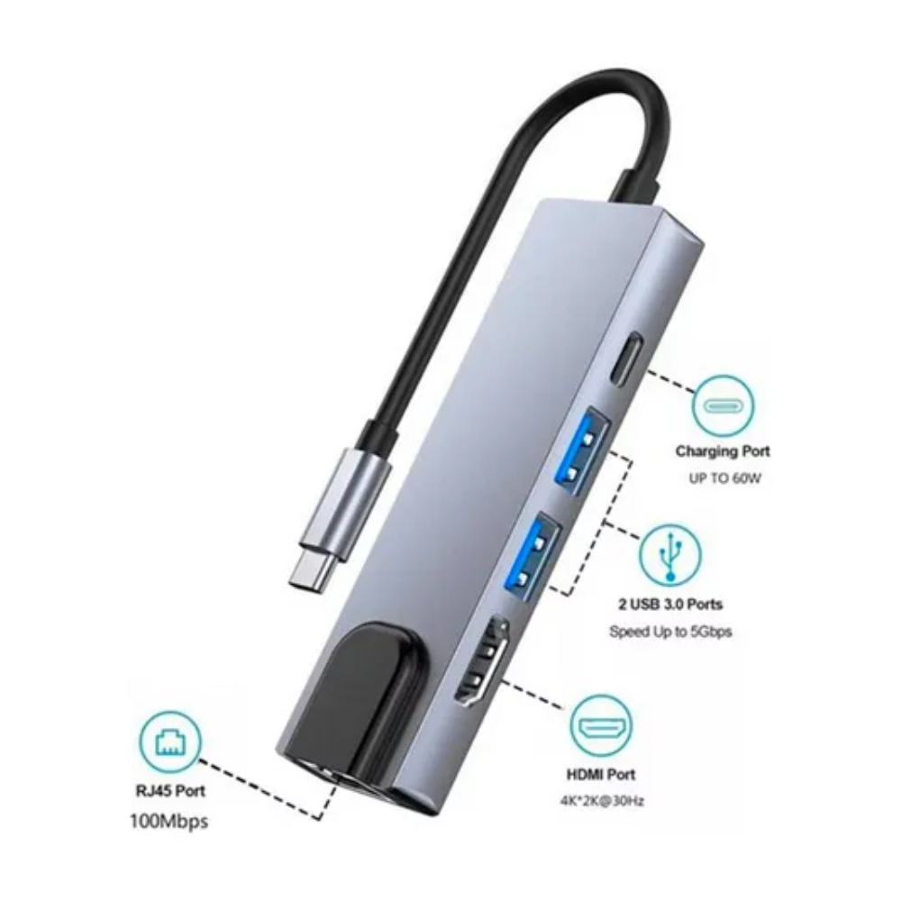 HUB ADAPTADOR USB-C 5 EN 1 SEISA CONVERTIDOR HDMI 4K RJ45 USB TIPO-C - 4