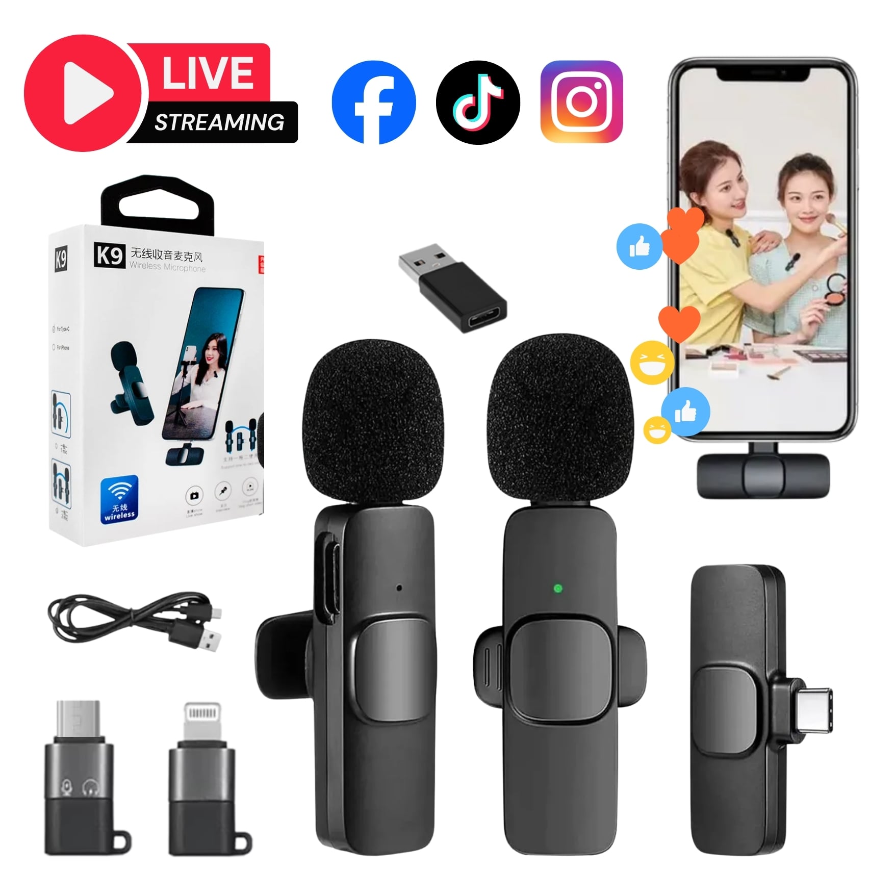 MICROFONO SOLAPERO PECHERO INALAMBRICO DUAL K9 CONECTOR TYPE C ADAPTADOR IPHONE ANDROID V8 LIVE - 1
