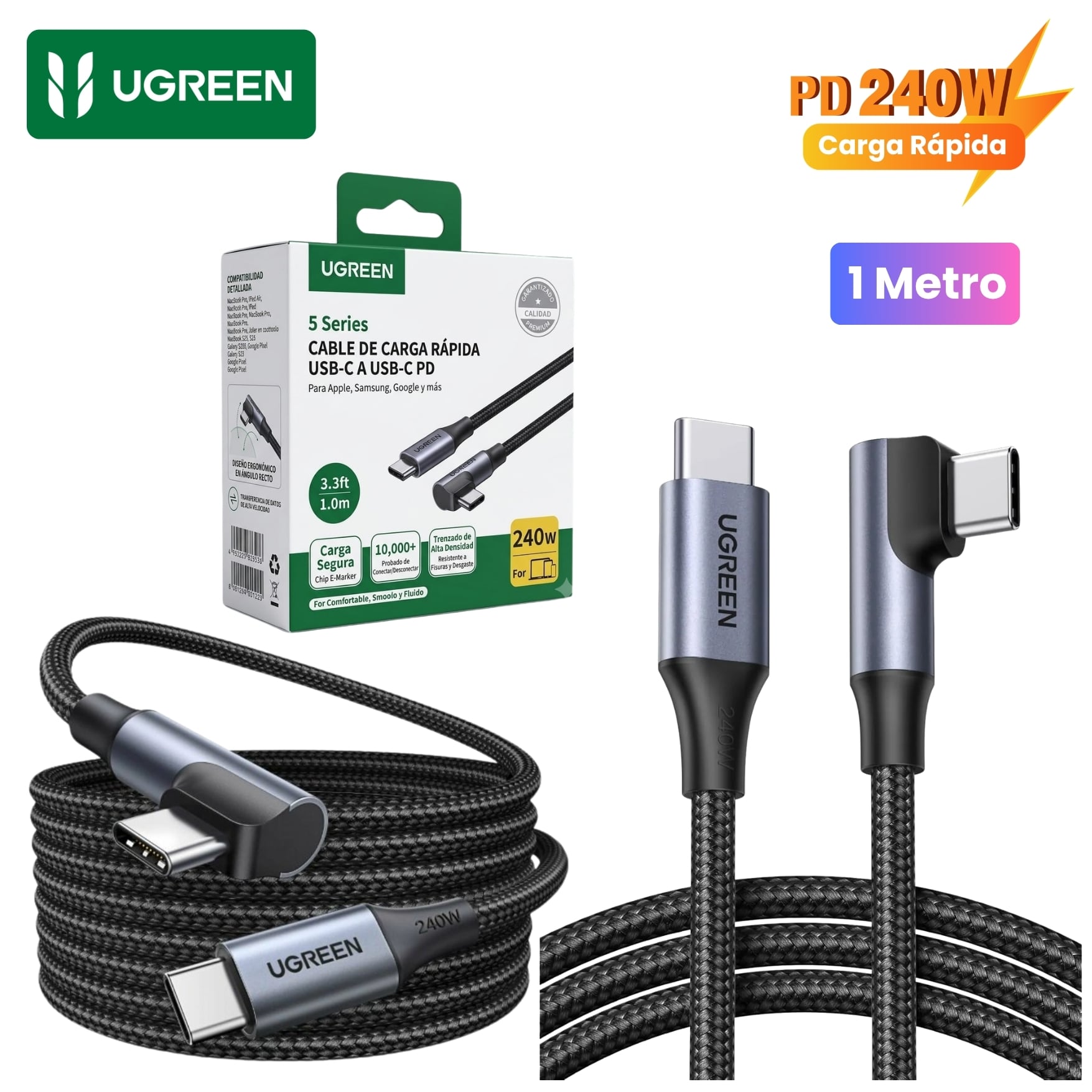CABLE UGREEN TYPE C A TYPE C 240W PD ÁNGULO RECTO 1M TRENZADO NEGRO L536 - 85225 CALIDAD PREMIUM - 1