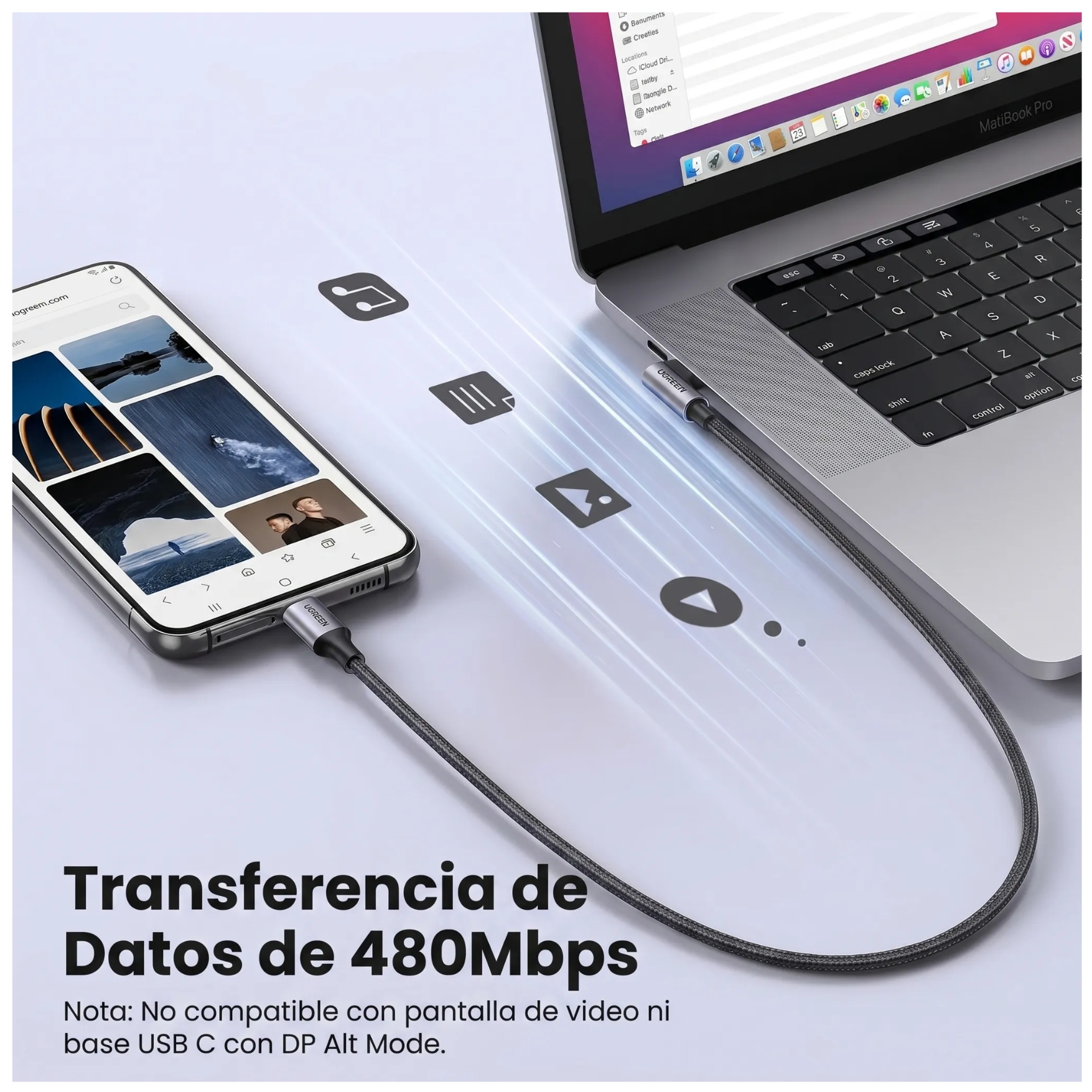CABLE UGREEN TYPE C A TYPE C 240W PD ÁNGULO RECTO 1M TRENZADO NEGRO L536 - 85225 CALIDAD PREMIUM - 4