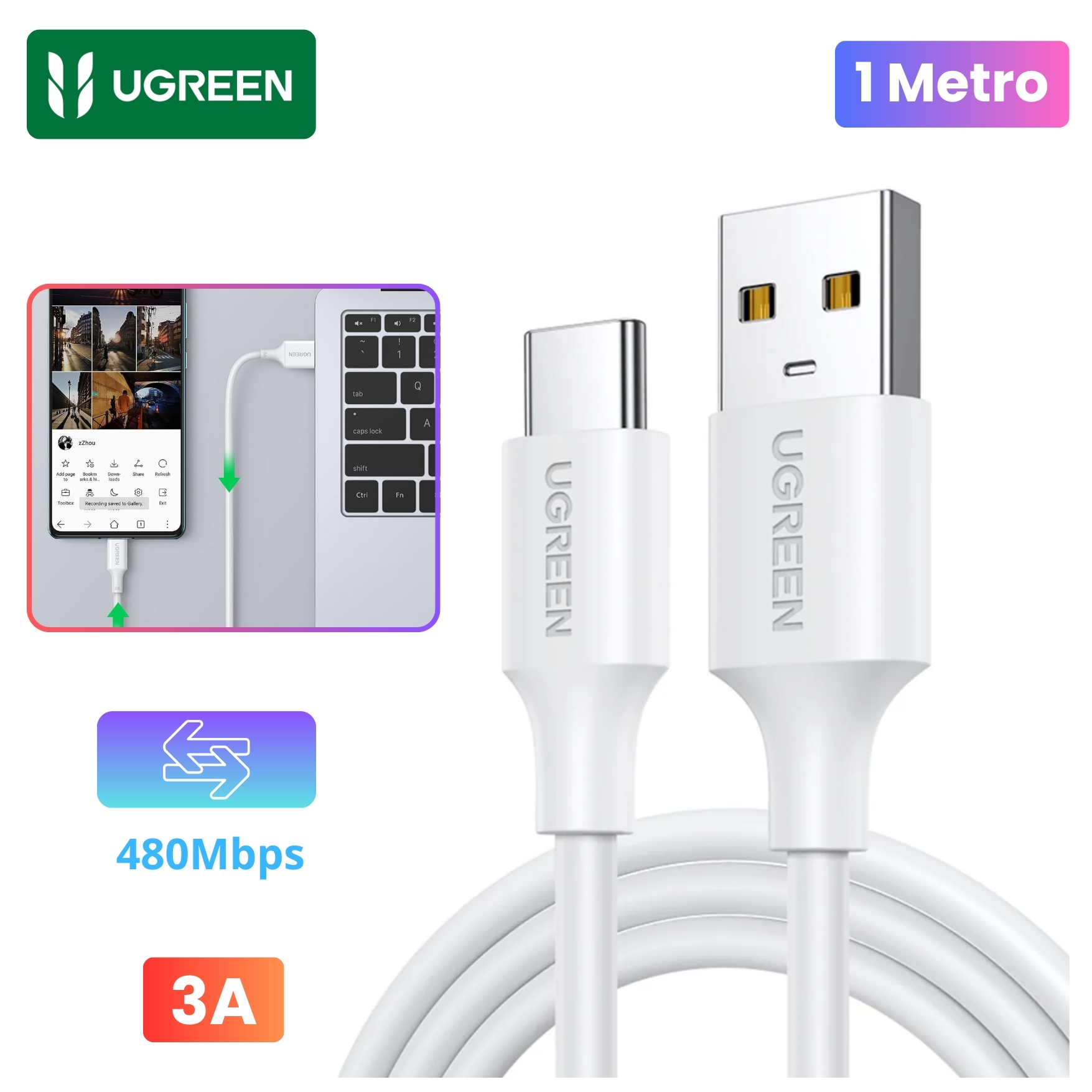 CABLE UGREEN USB A TYPE C 3A CABLE CARGA RÁPIDA 1 METRO - 1