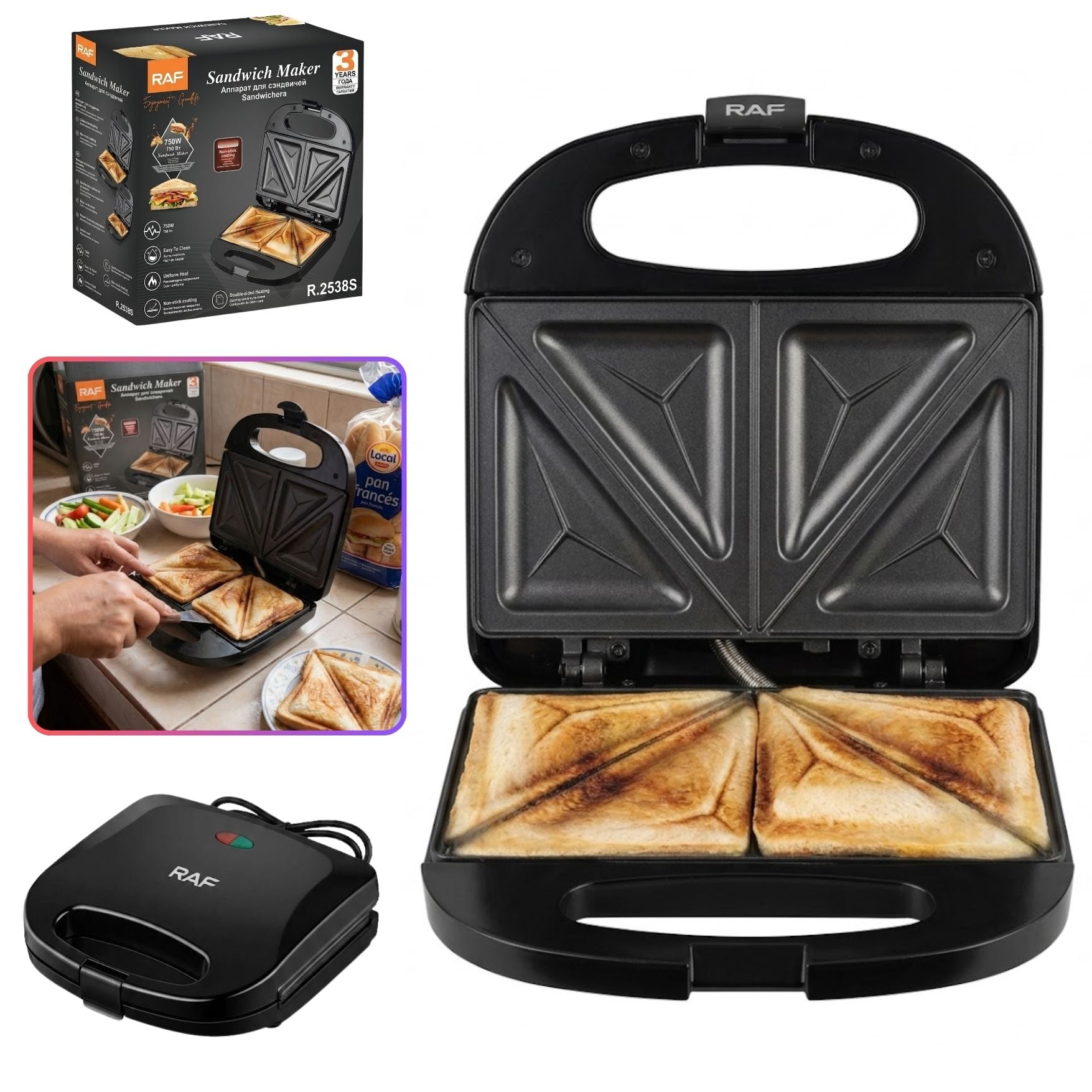 MAQUINA SANDWICHERA ELECTRICA RAF ANTIADHERENTE 750W DOBLE CARA - 2