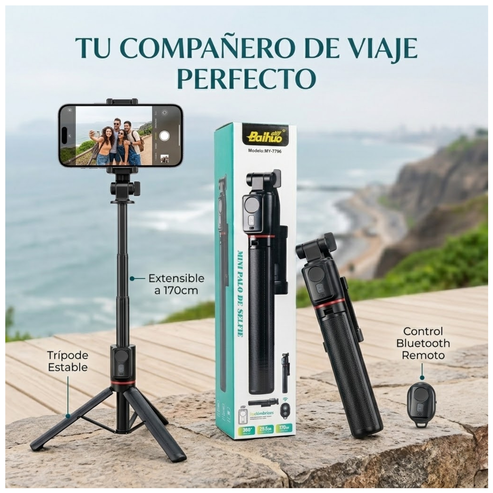 PALO SELFIE STICK TRIPODE EXTRA LARGO CONTROL BLUETOOTH 170CM TRANSMISIONES  VIVO TIKTOK - 2