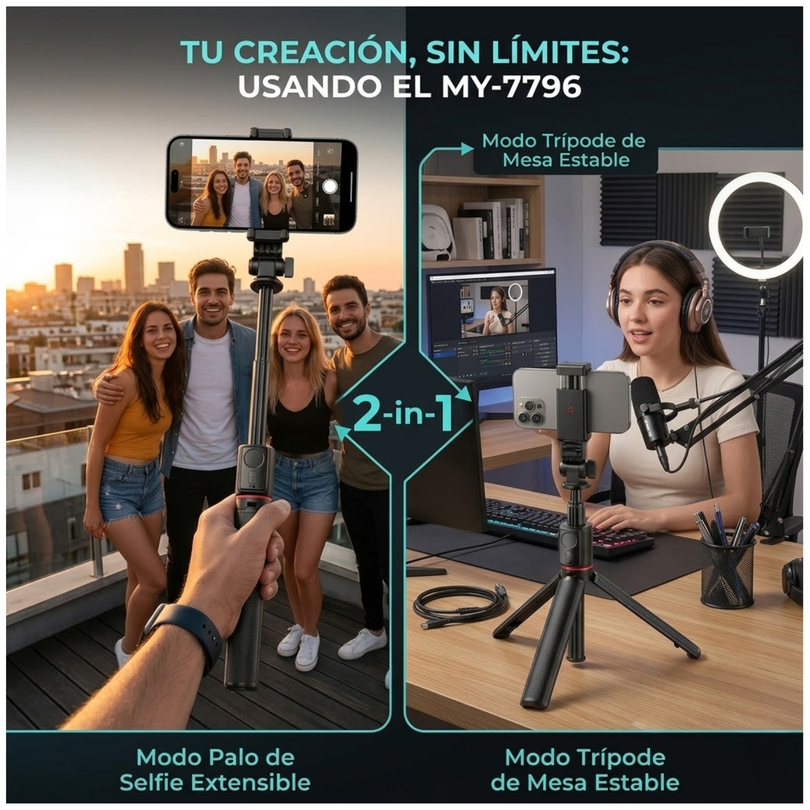 PALO SELFIE STICK TRIPODE EXTRA LARGO CONTROL BLUETOOTH 170CM TRANSMISIONES  VIVO TIKTOK - 4