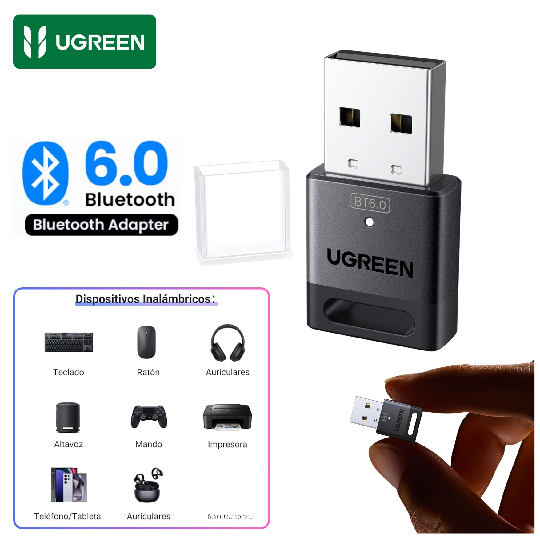 USB ADAPTADOR BLUETOOTH 6,0 UGREEN USB PARA PC DONGLE - 75073 COMPATIBLE TECLADO MOUSE AUDIFONOS - 1