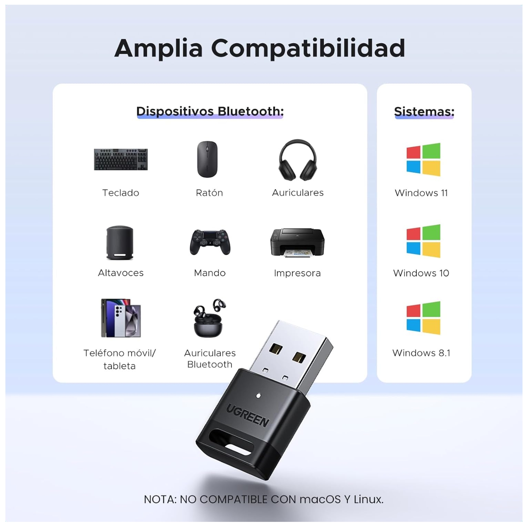 USB ADAPTADOR BLUETOOTH 6,0 UGREEN USB PARA PC DONGLE - 75073 COMPATIBLE TECLADO MOUSE AUDIFONOS - 4