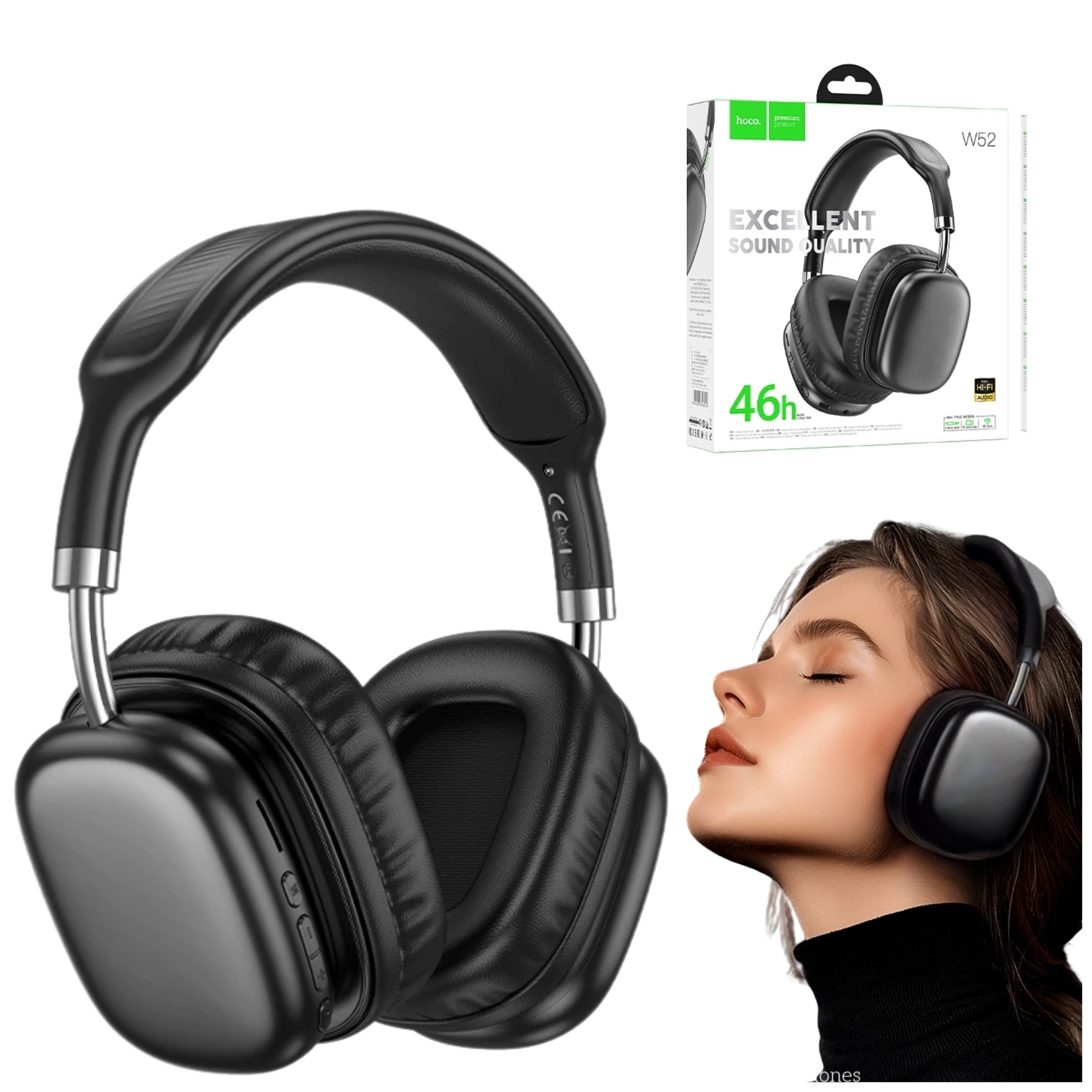 AUDÍFONO DE VINCHA INALÁMBRICO HOCO W52 46 HORAS MUSICA BLUETOOTH ESTÉREO NEGRO - 1