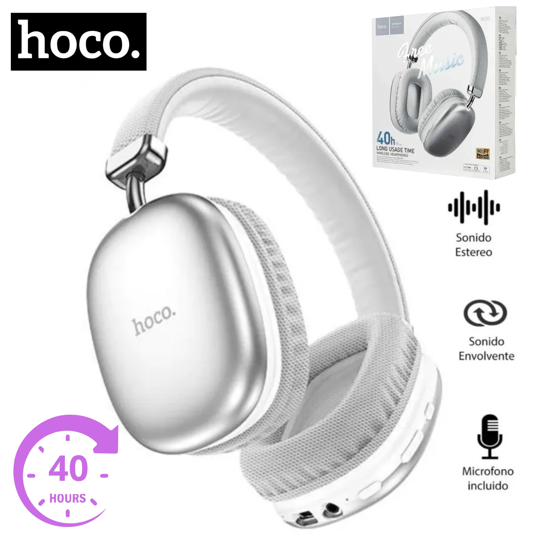 AUDIFONO INALAMBRICO BLUETOOTH HOCO W35 OVER-EAR 40 HORAS MUSICA SONIDO HIFI, RANURA MICRO SD - 1