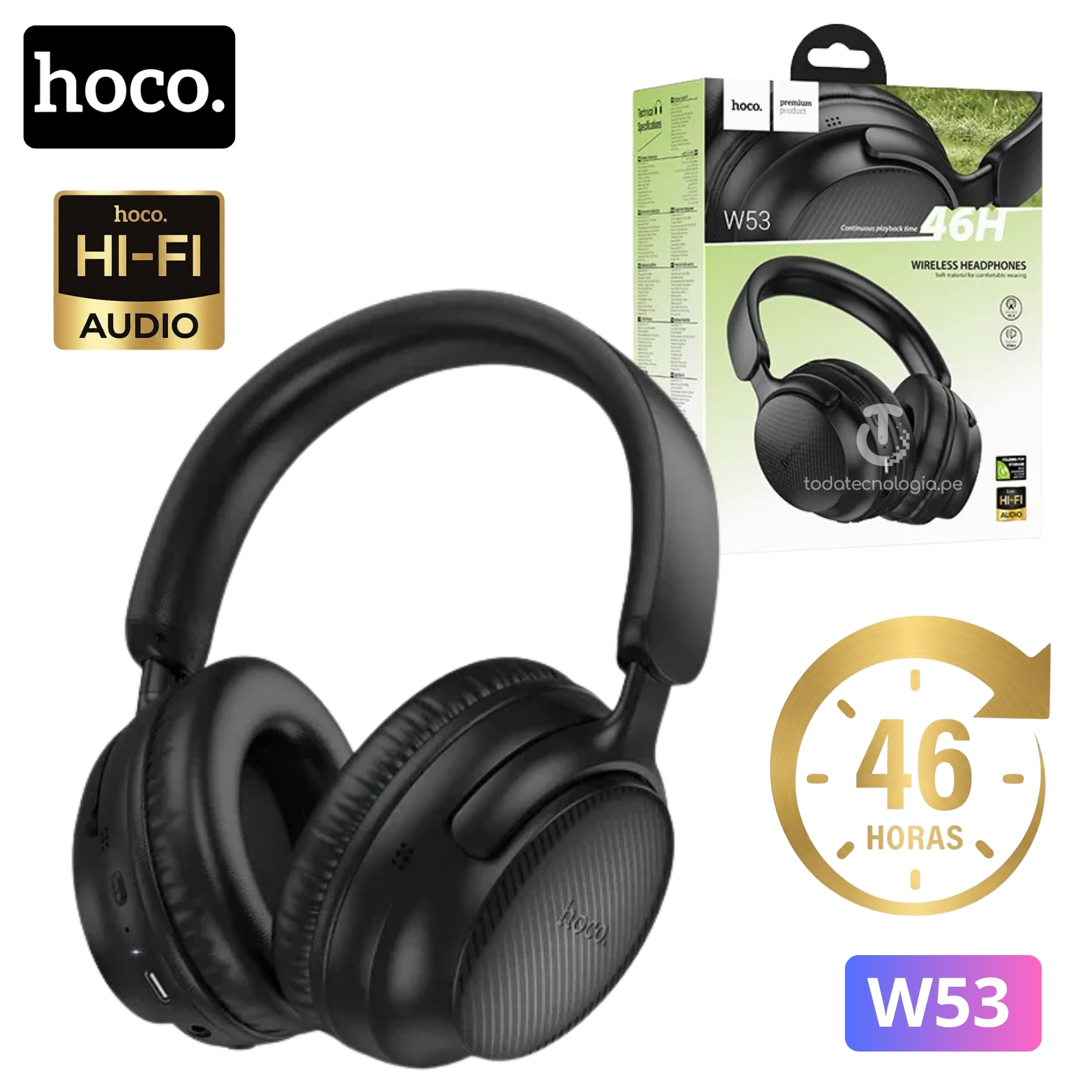 AUDIFONO INALAMBRICO BLUETOOTH HOCO W53 OVER-EAR CON MICRÓFONO Y 46 HORAS BATERÍA DE LARGA DURACIÓN - 1