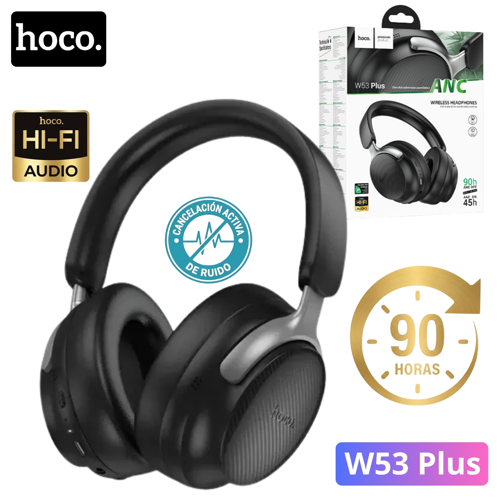 AUDIFONO CON CANCELACIÓN DE RUIDO HOCO W53 PLUS CON MICRÓFONO 90 HORAS OFF ANC / 45 HORAS ANC ON - 1
