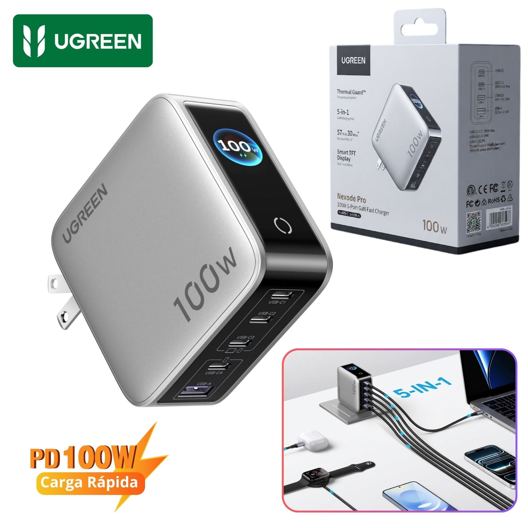 CARGADOR GAN 100W UGREEN NEXODE PRO TIPO C - USB CARGA RÁPIDO 5 PUERTOS PANTALLA PARA MACBOOK PRO - 1
