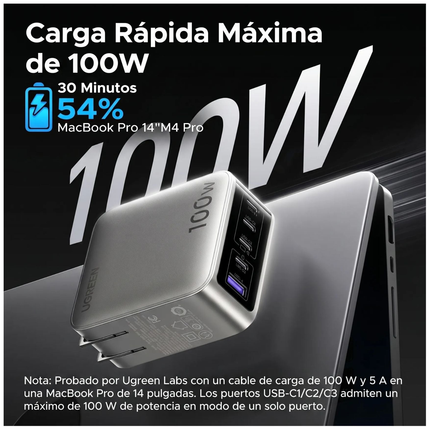 CARGADOR GAN 100W UGREEN NEXODE PRO TIPO C - USB CARGA RÁPIDO 5 PUERTOS PANTALLA PARA MACBOOK PRO - 5