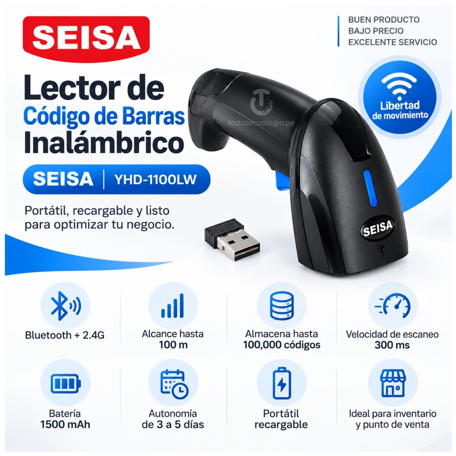 LECTOR CODIGO DE BARRAS SEISA INALAMBRICO USB 2.4 RECARGABLE LARGO ALCANCE - 2