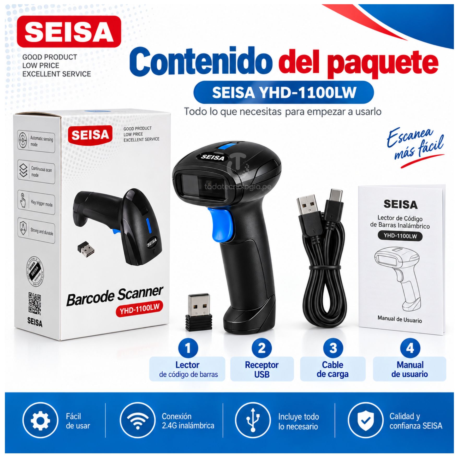 LECTOR CODIGO DE BARRAS SEISA INALAMBRICO USB 2.4 RECARGABLE LARGO ALCANCE - 5
