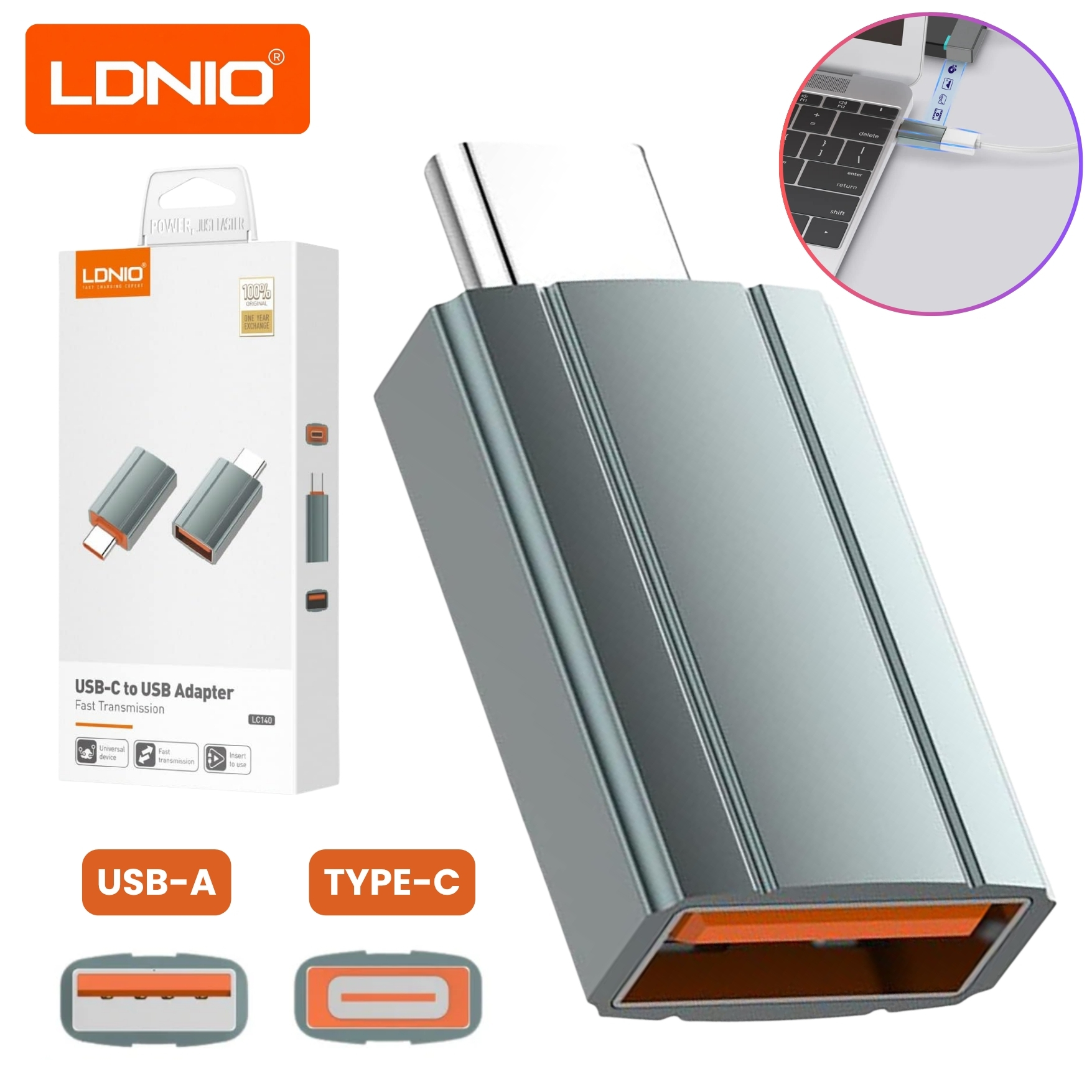 ADAPTADOR OTG PORTÁTIL USB-C MACHO A USB-A HEMBRA - LDNIO LC140 GRIS - 1