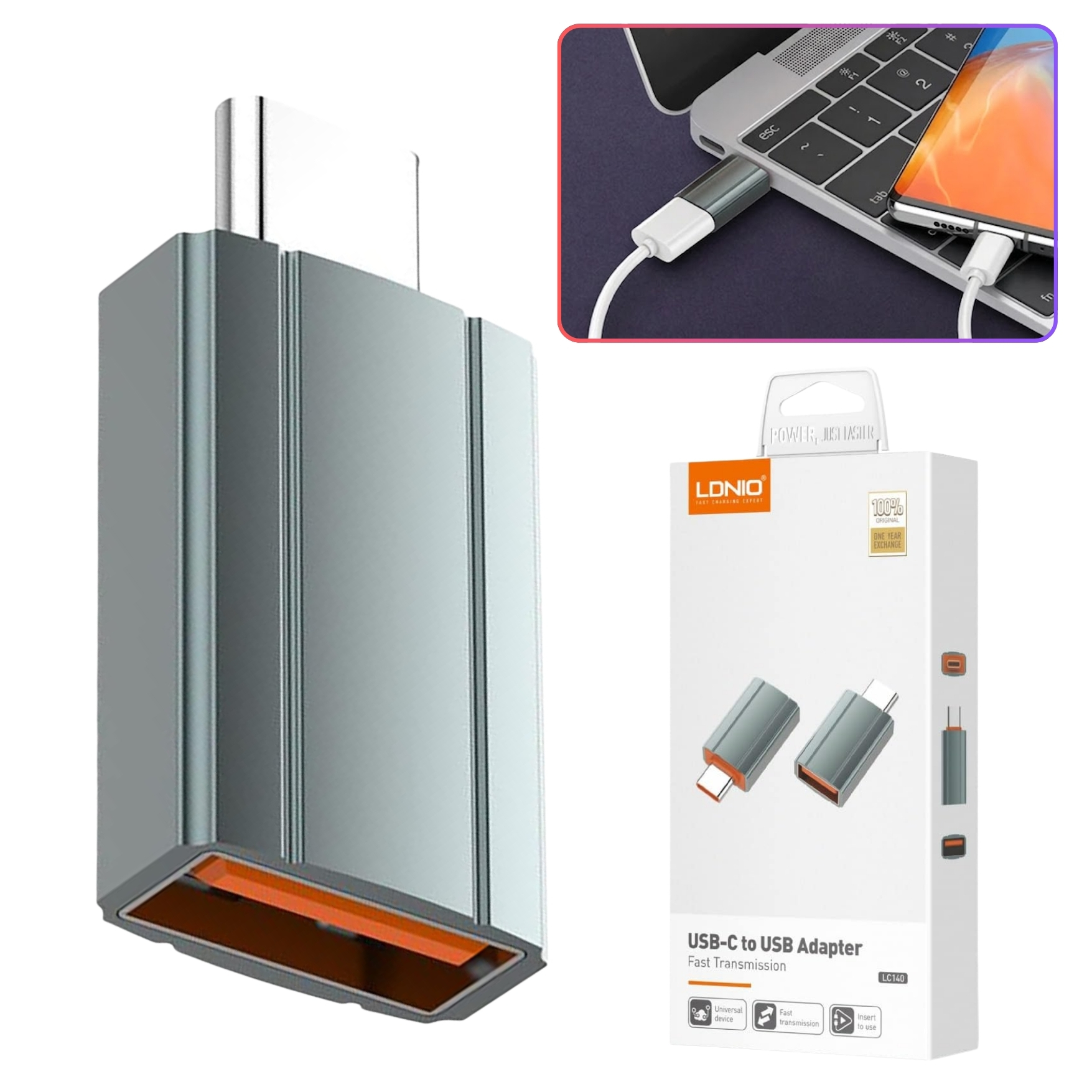 ADAPTADOR OTG PORTÁTIL USB-C MACHO A USB-A HEMBRA - LDNIO LC140 GRIS - 2