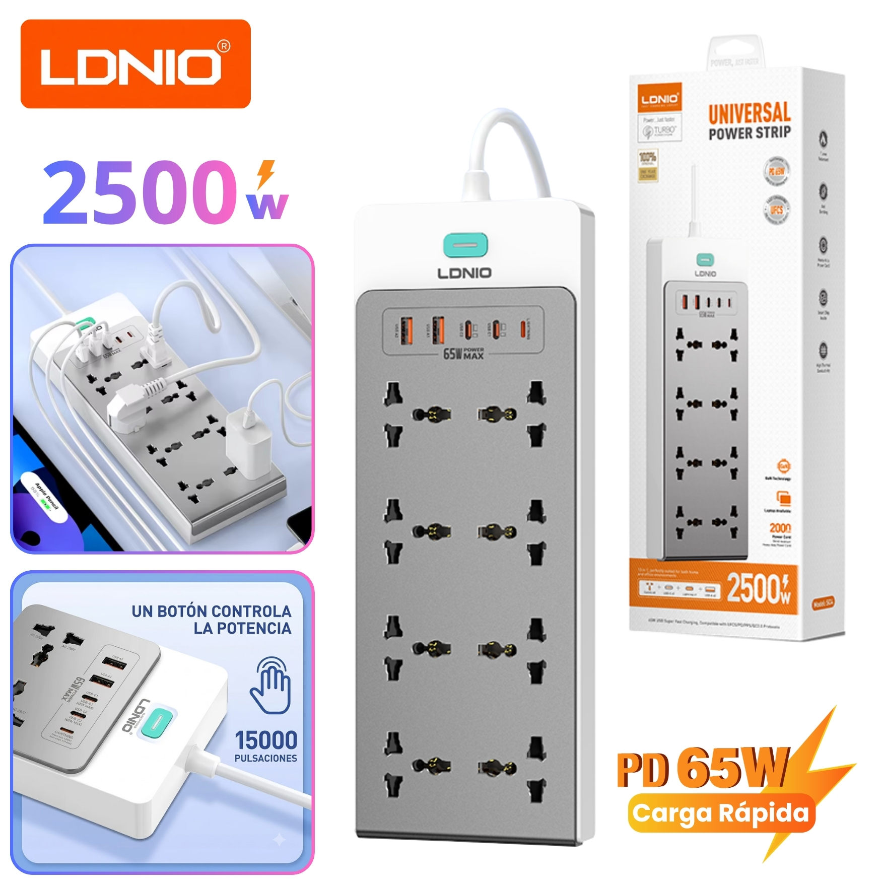 EXTENSIÓN TOMACORRIENTE 2500W LDNIO GAN ESTACIÓN DE CARGA RÁPIDA 65W TYPE C USB LAPTOP CELULAR - 1