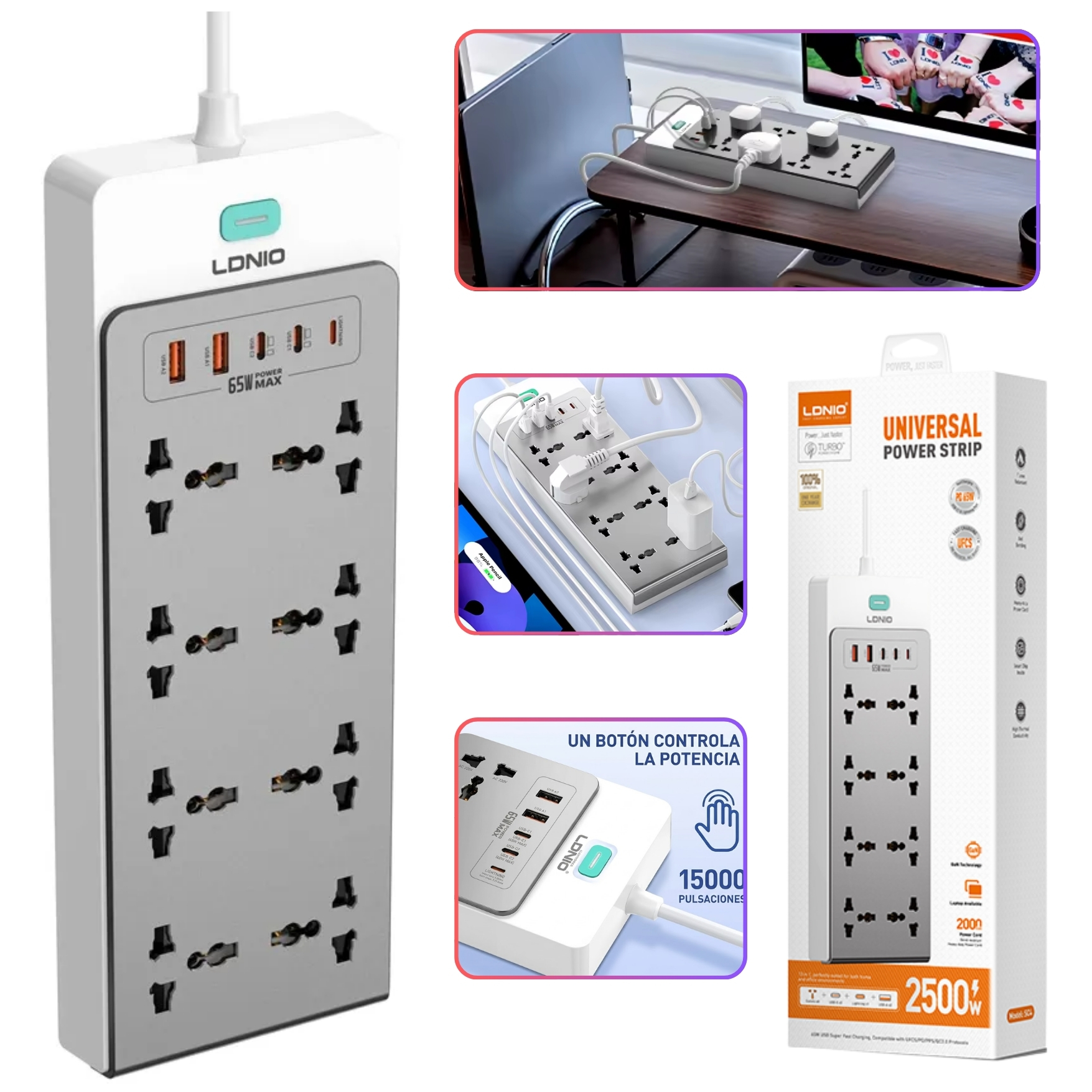 EXTENSIÓN TOMACORRIENTE 2500W LDNIO GAN ESTACIÓN DE CARGA RÁPIDA 65W TYPE C USB LAPTOP CELULAR - 2