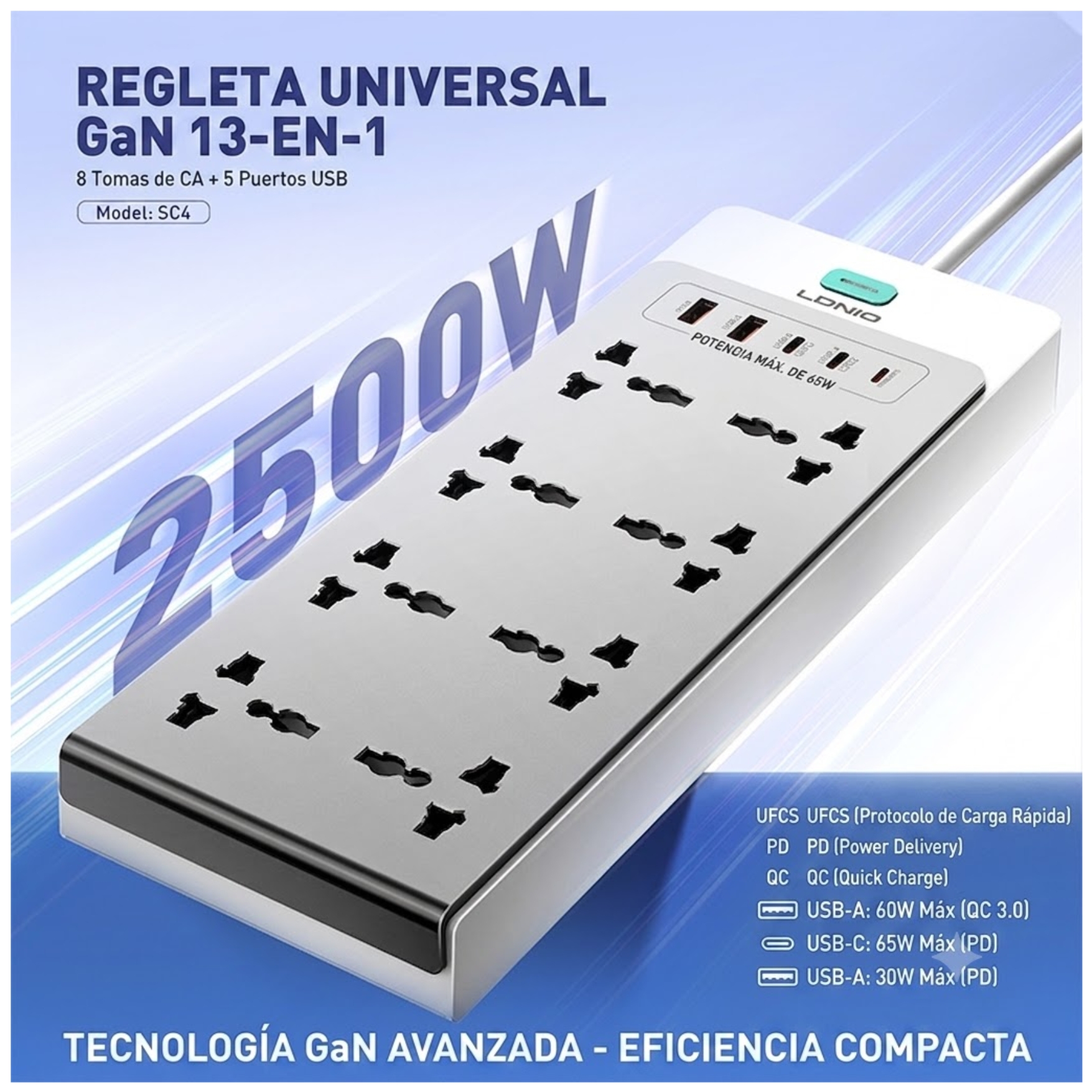 EXTENSIÓN TOMACORRIENTE 2500W LDNIO GAN ESTACIÓN DE CARGA RÁPIDA 65W TYPE C USB LAPTOP CELULAR - 3