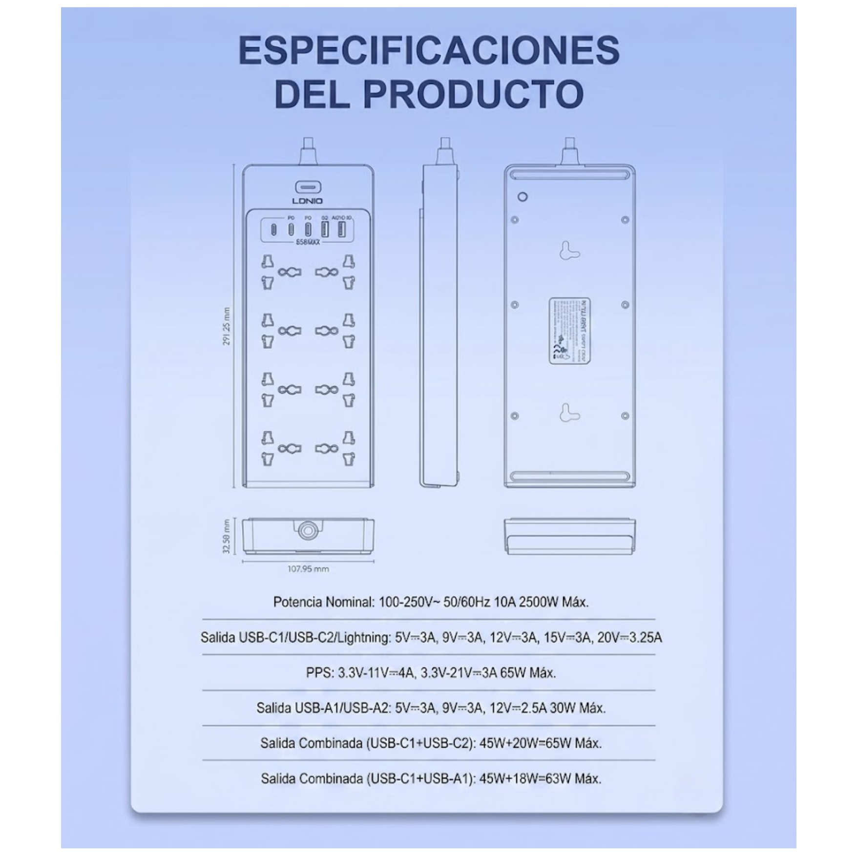 EXTENSIÓN TOMACORRIENTE 2500W LDNIO GAN ESTACIÓN DE CARGA RÁPIDA 65W TYPE C USB LAPTOP CELULAR - 6
